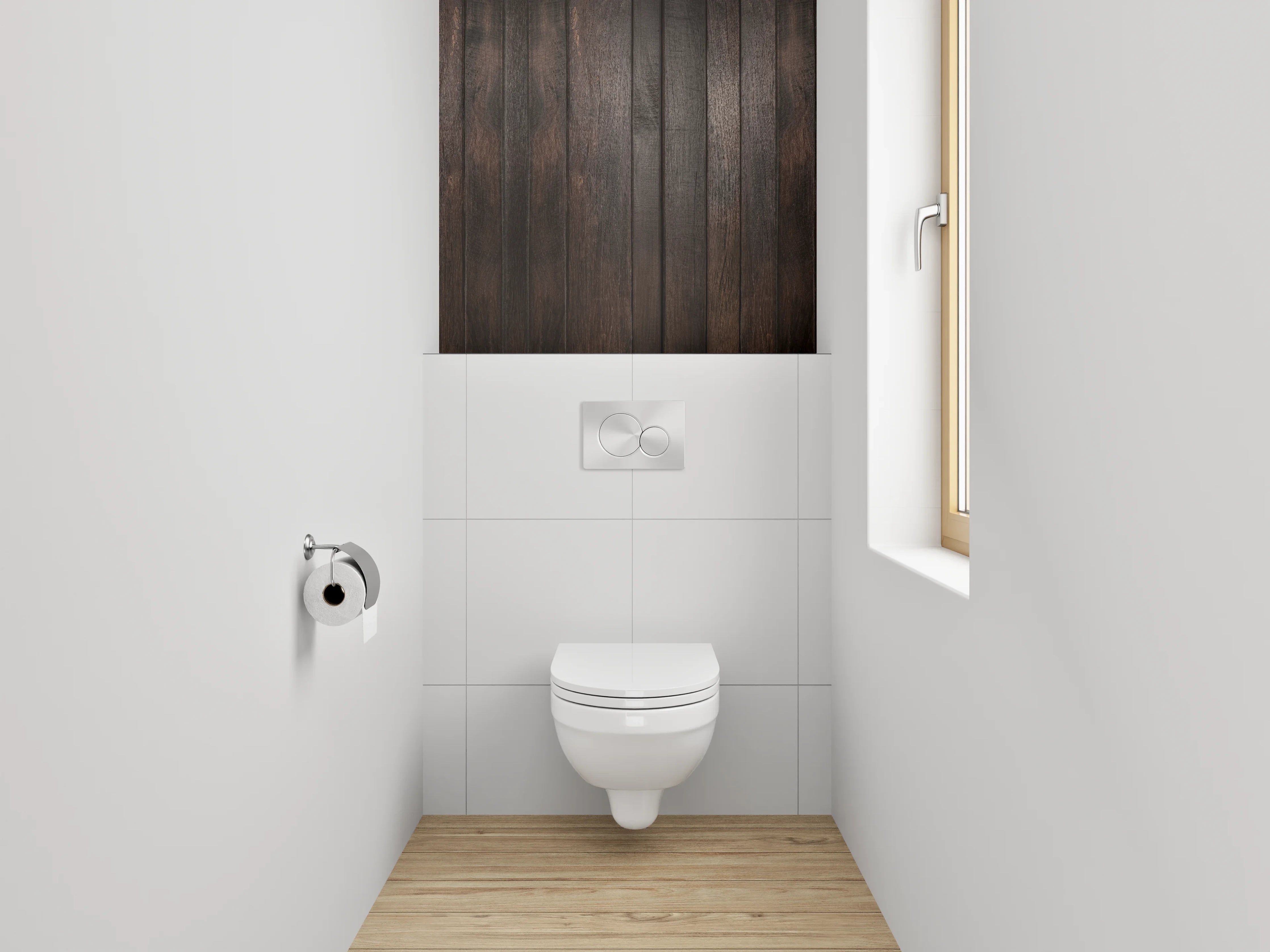 WC-Rückwand - Graue Holzvertäfelung im Weißlicht