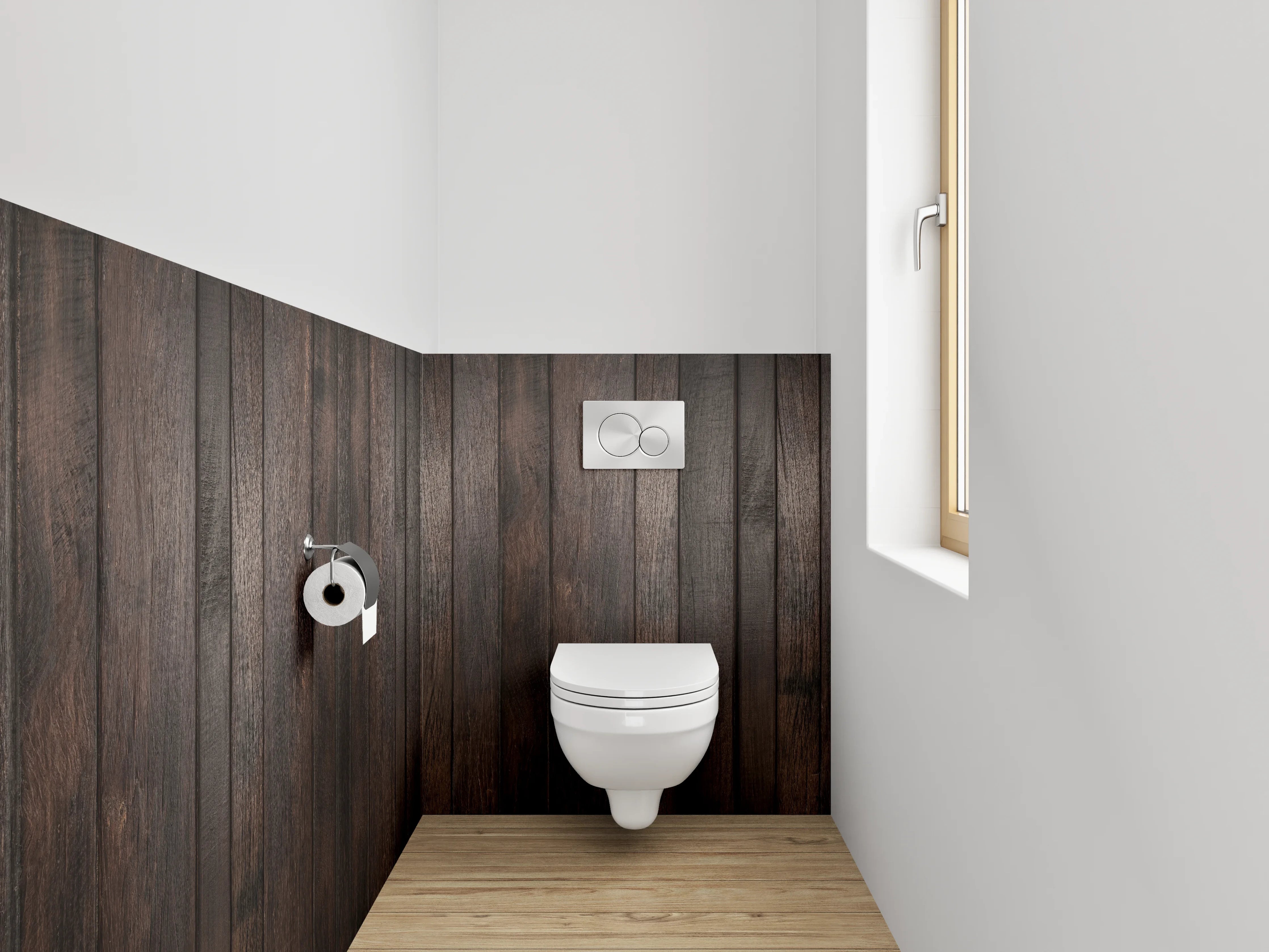 WC-Rückwand - Graue Holzvertäfelung im Weißlicht