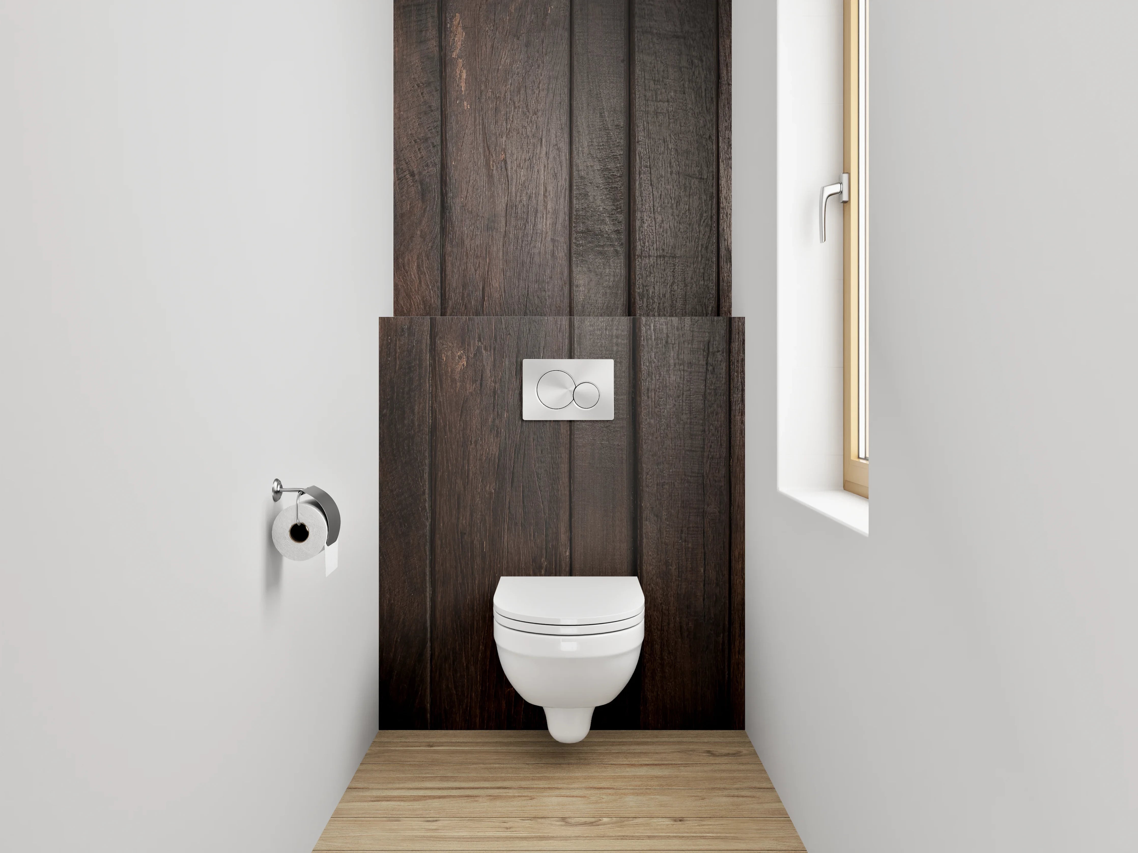 WC-Rückwand - Graue Holzvertäfelung im Weißlicht