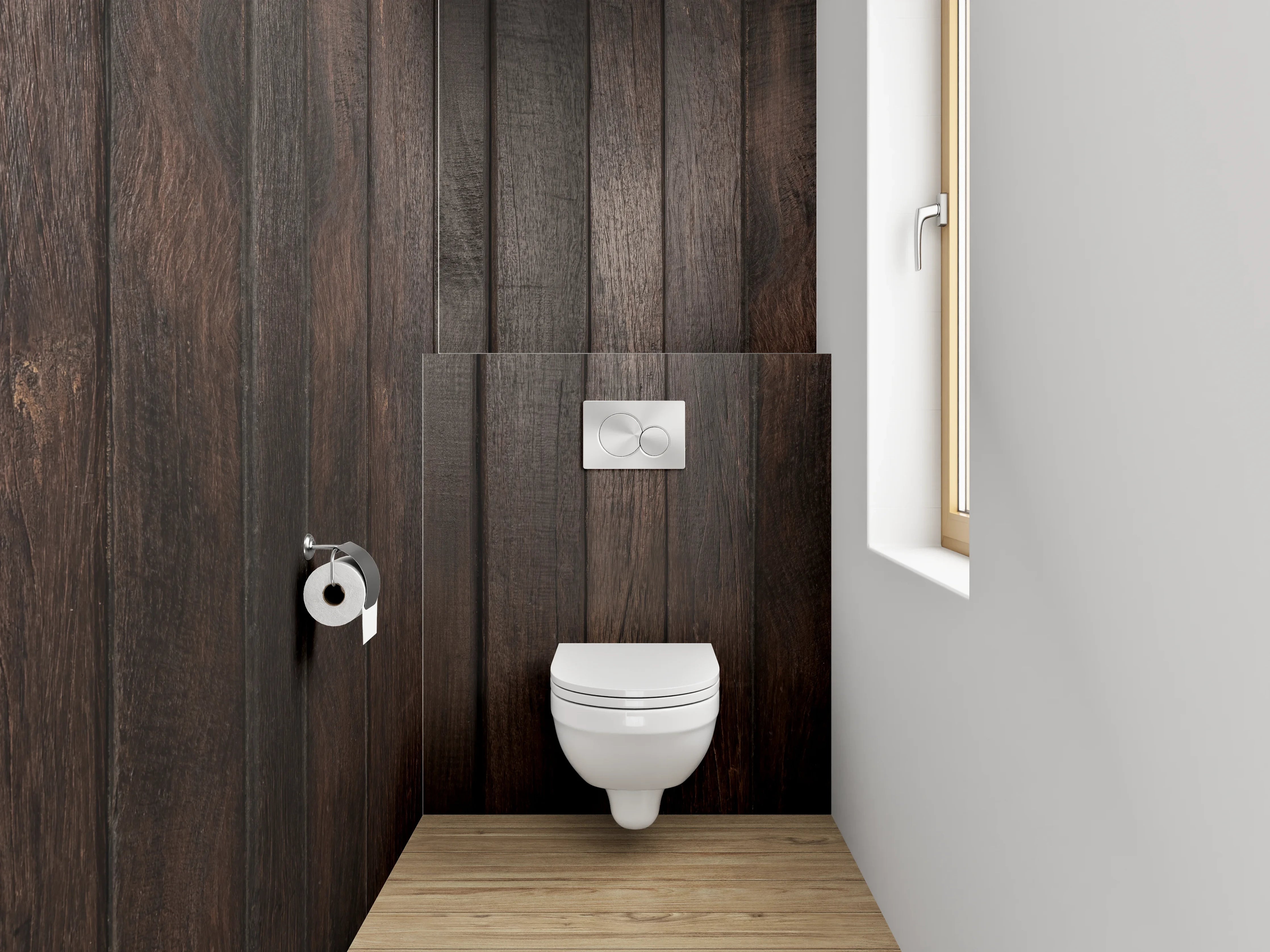 WC-Rückwand - Graue Holzvertäfelung im Weißlicht