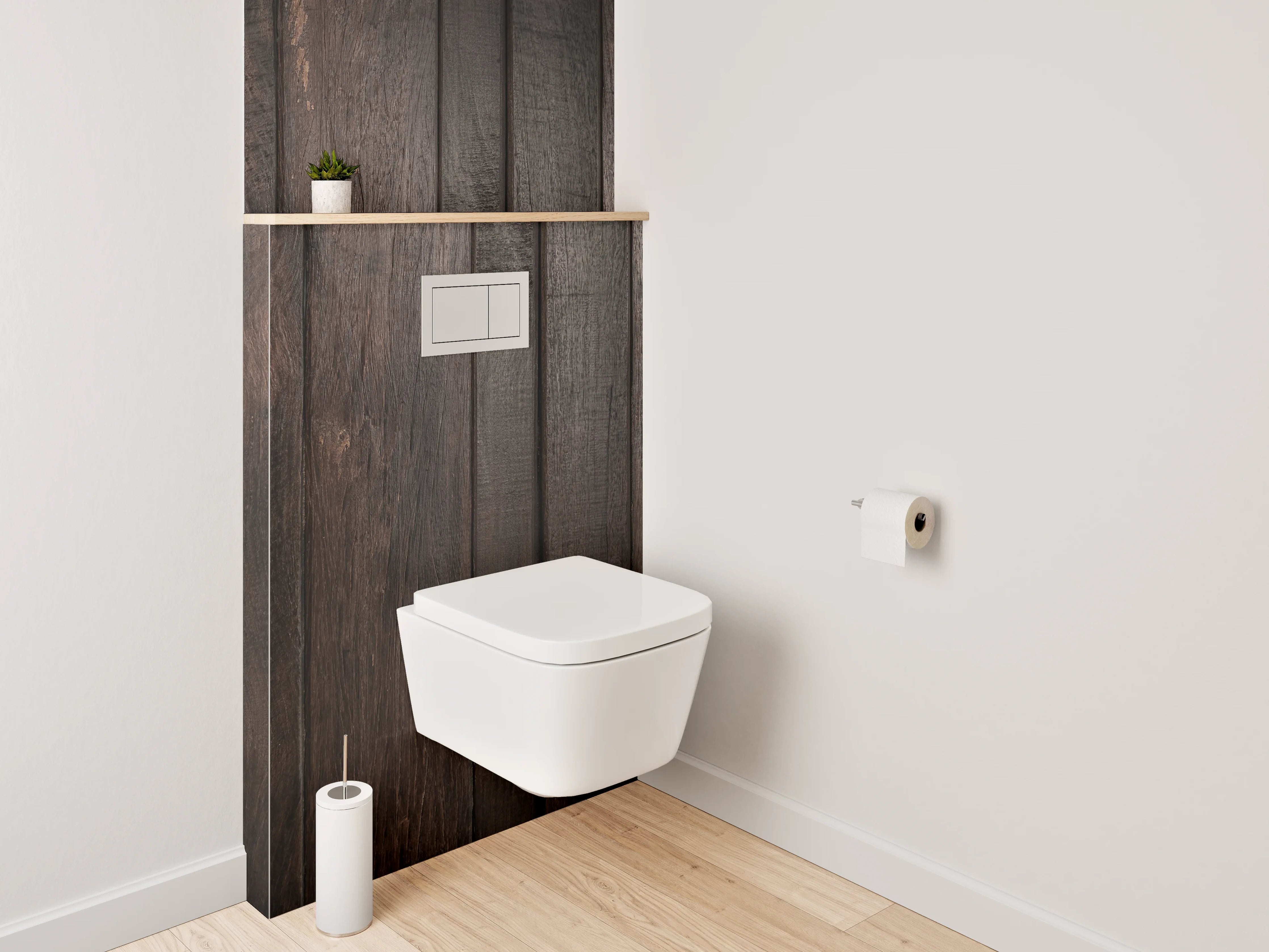 WC-Rückwand - Graue Holzvertäfelung im Weißlicht