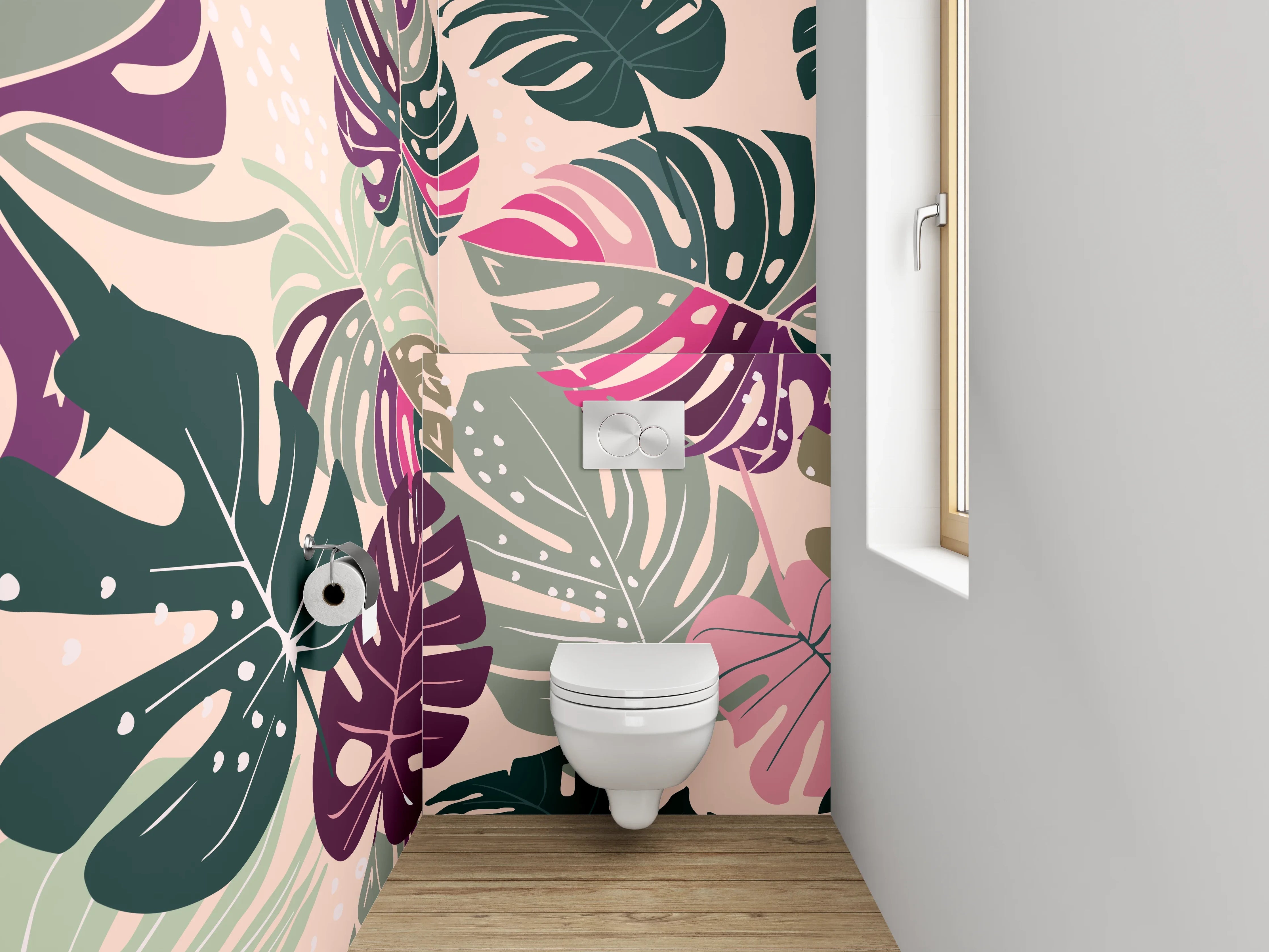 WC-Rückwand - Graue Monstera Blätter auf Weiß
