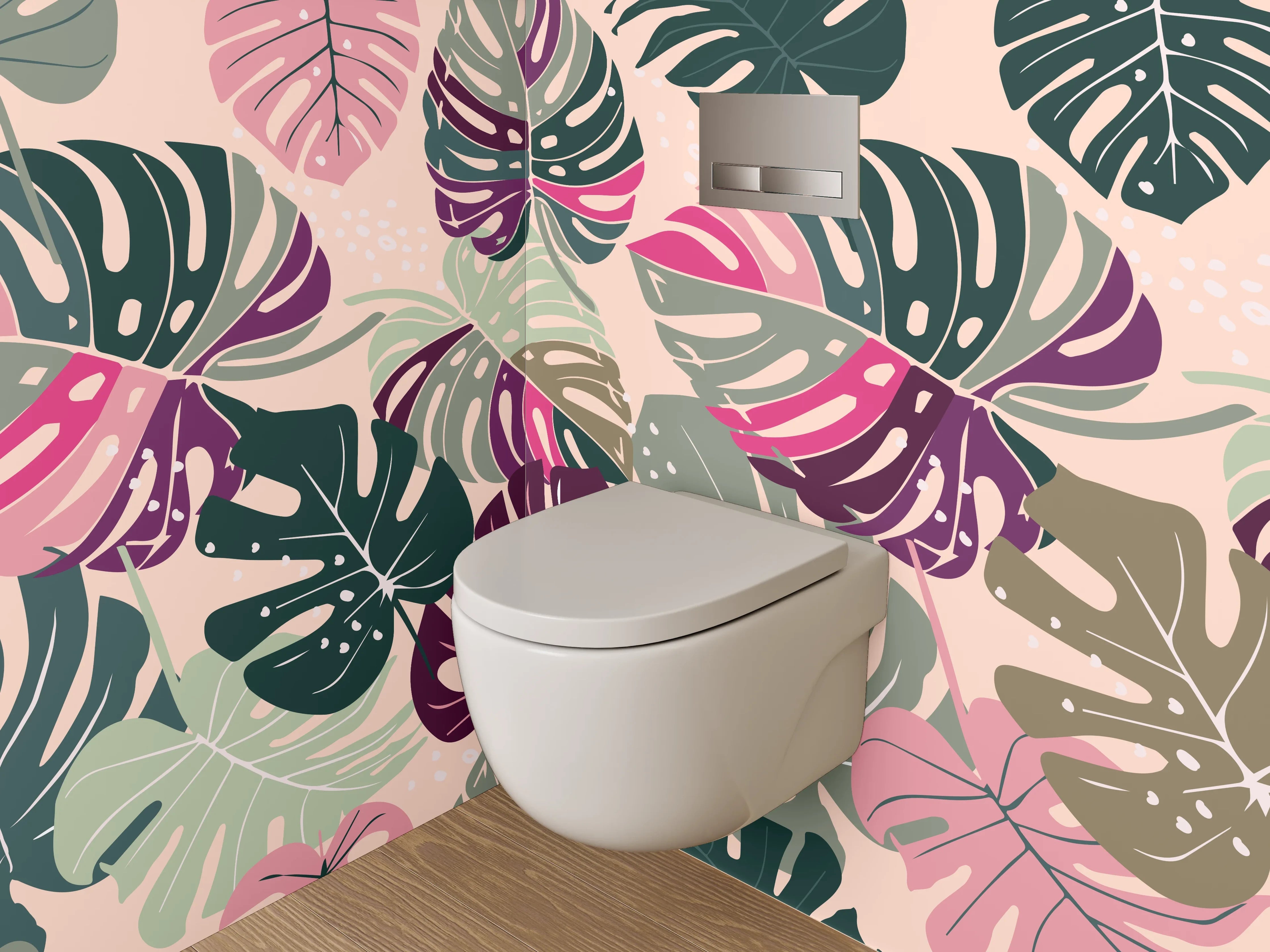 WC-Rückwand - Graue Monstera Blätter auf Weiß