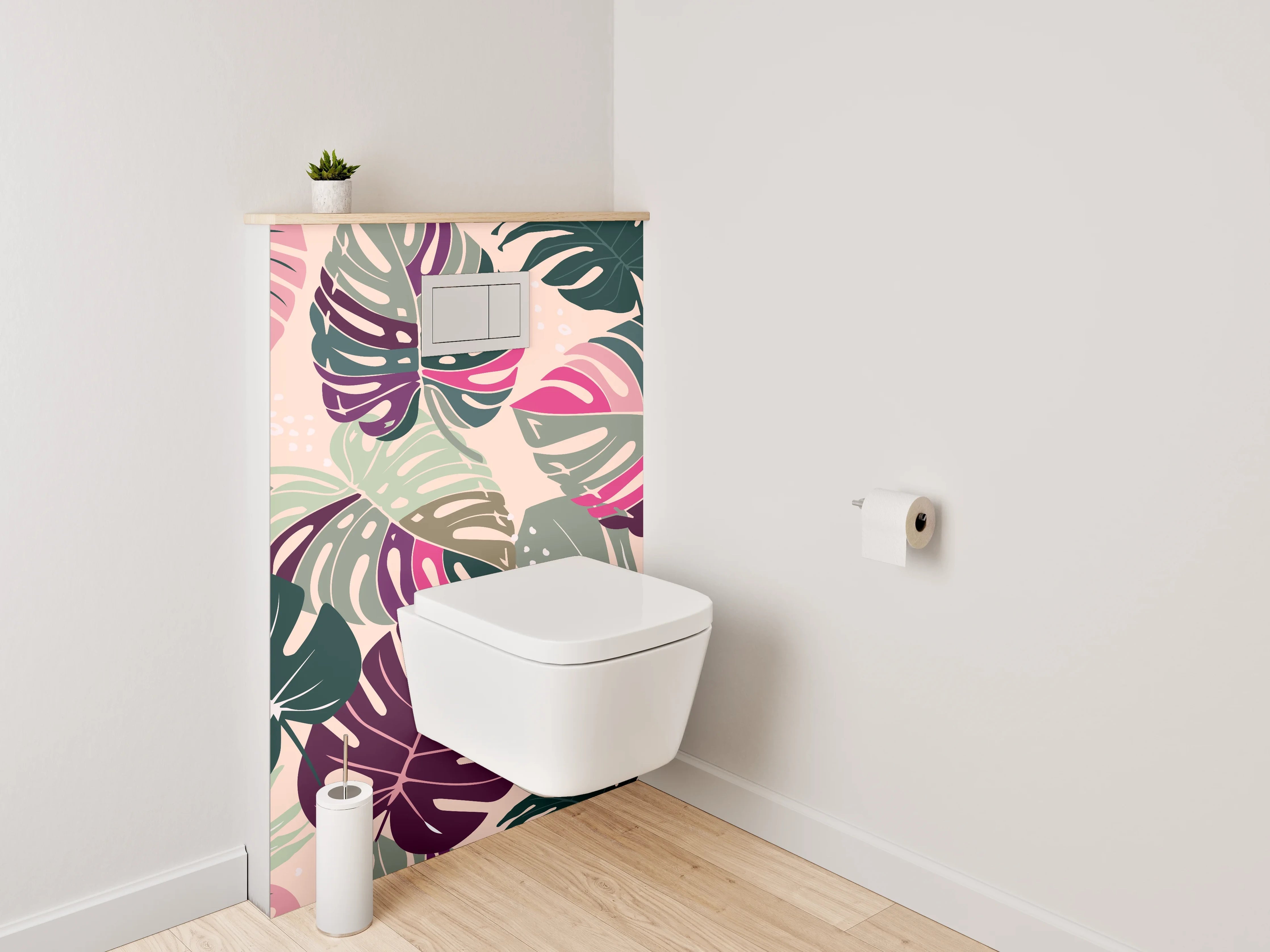 WC-Rückwand - Graue Monstera Blätter auf Weiß