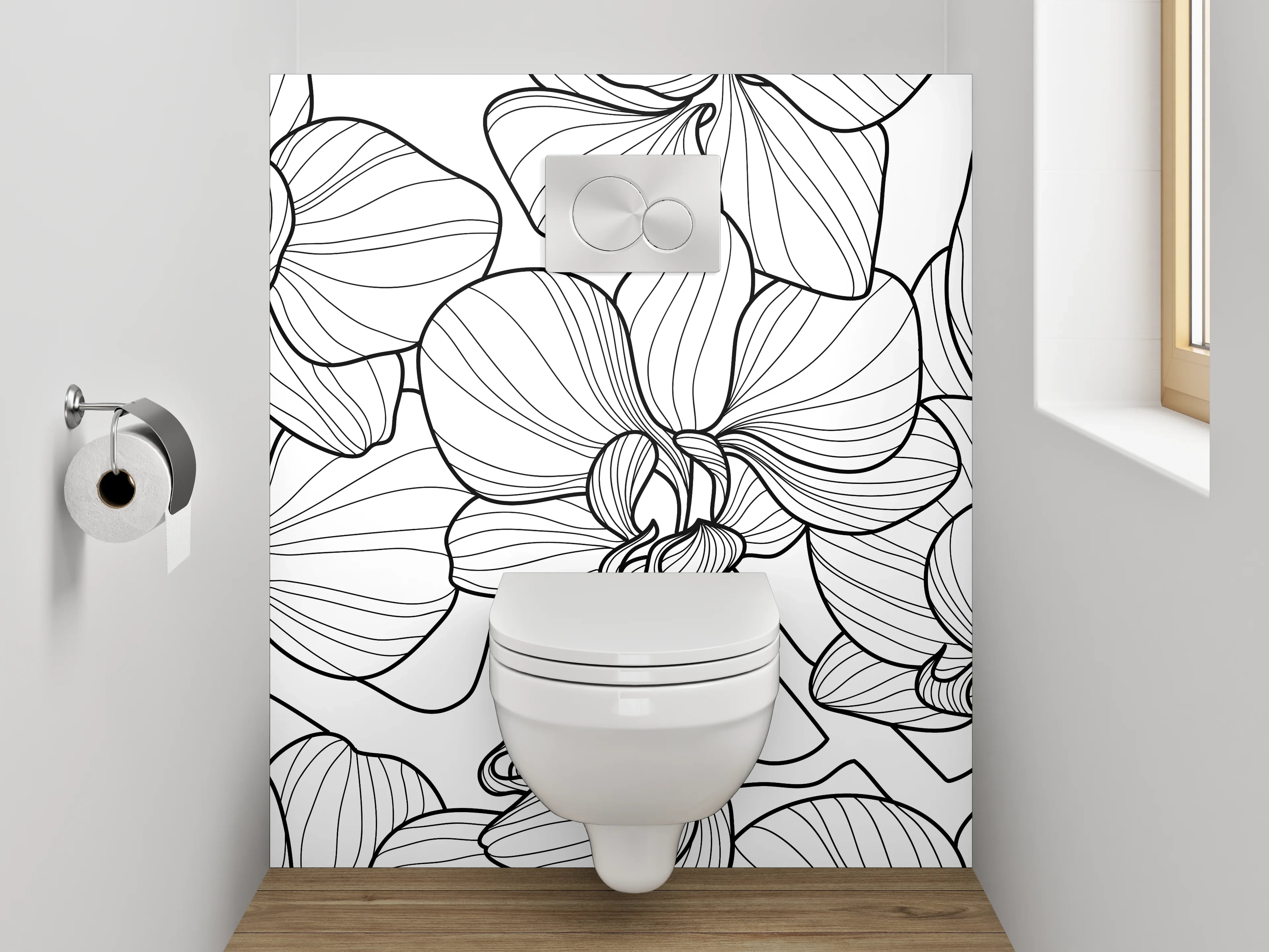 WC-Rückwand - Graue Orchideen Silhouettenkunst