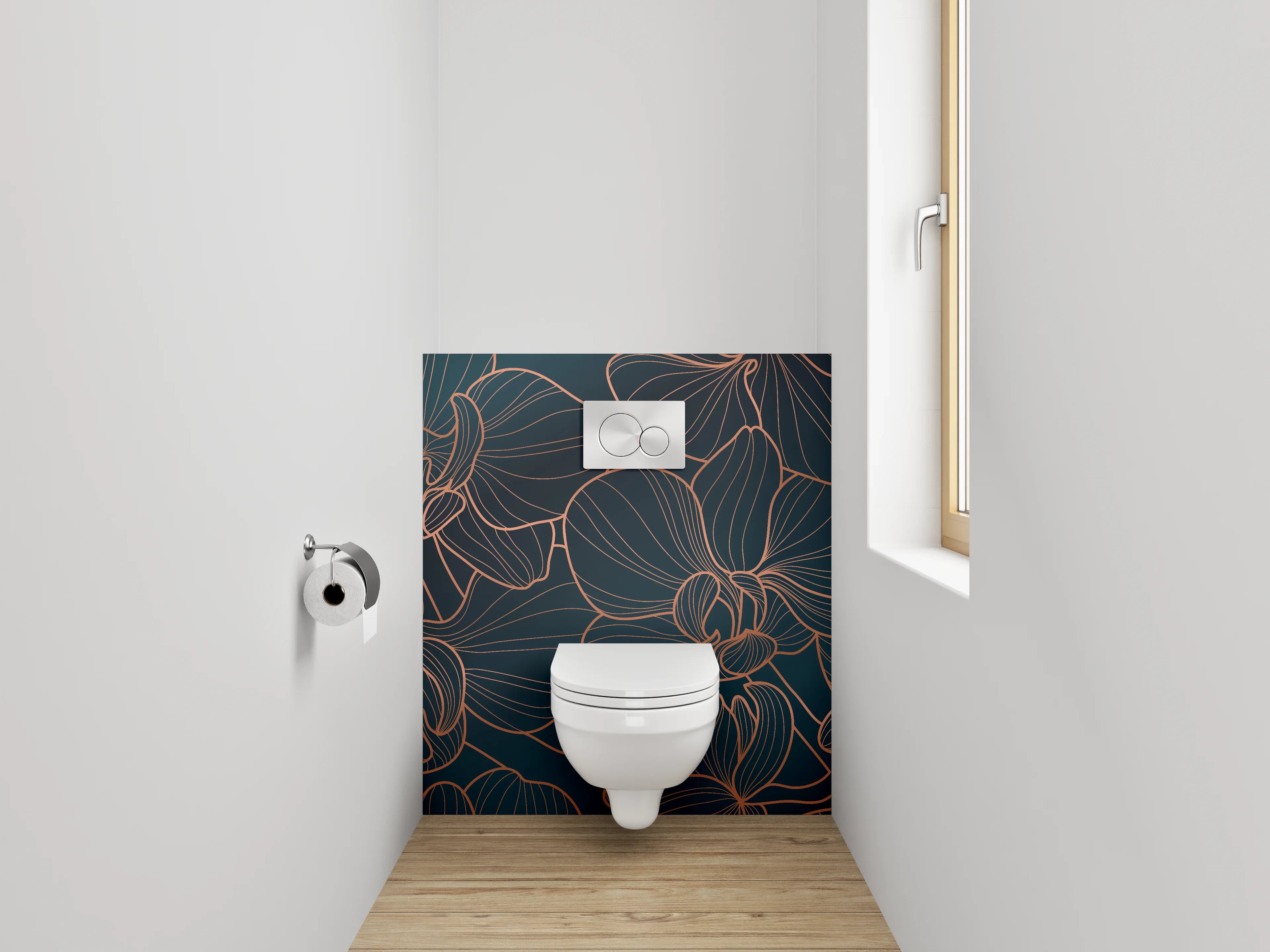 WC-Rückwand - Graue Orchideenlinien vor dunklem Hintergrund
