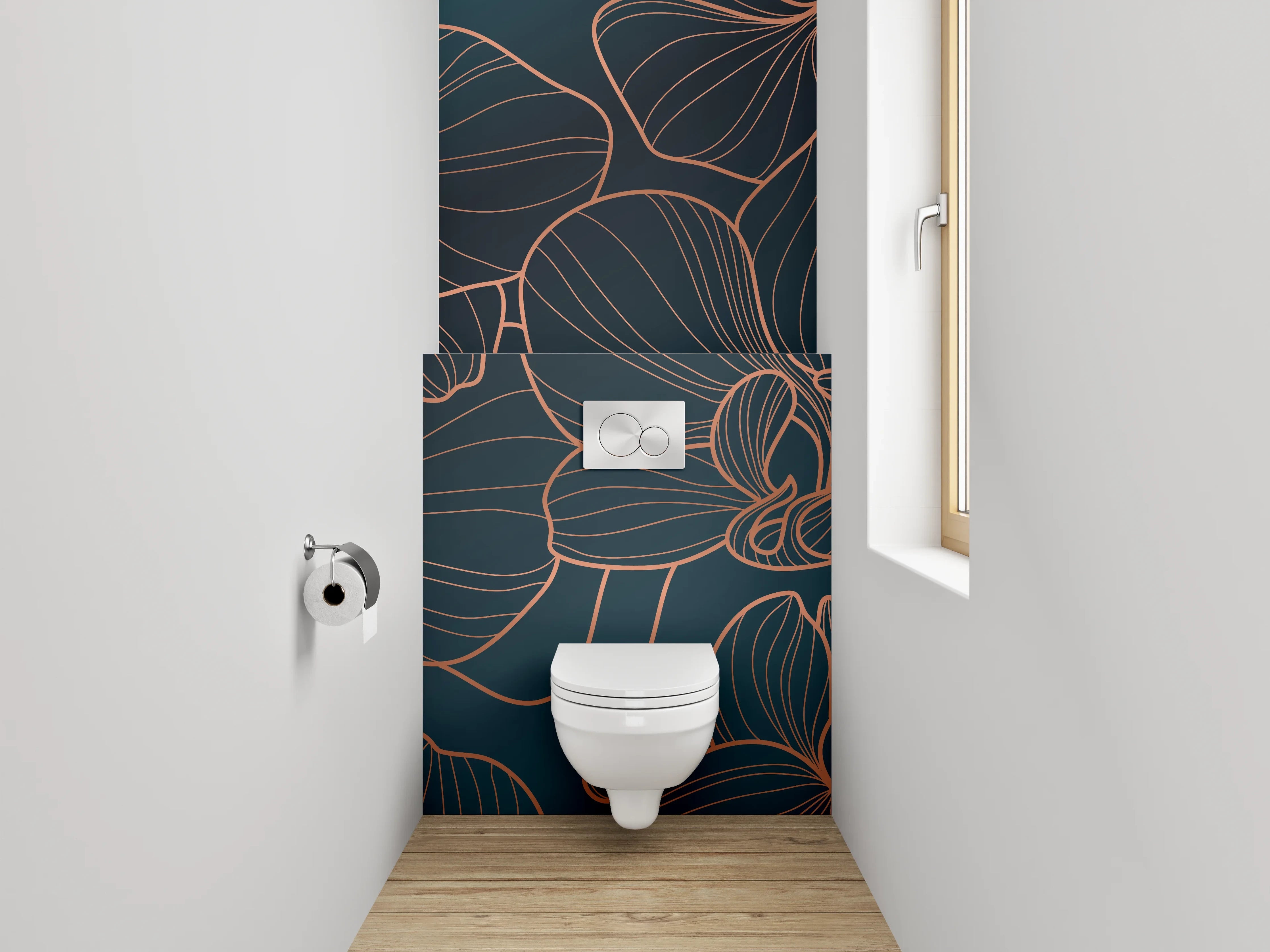 WC-Rückwand - Graue Orchideenlinien vor dunklem Hintergrund