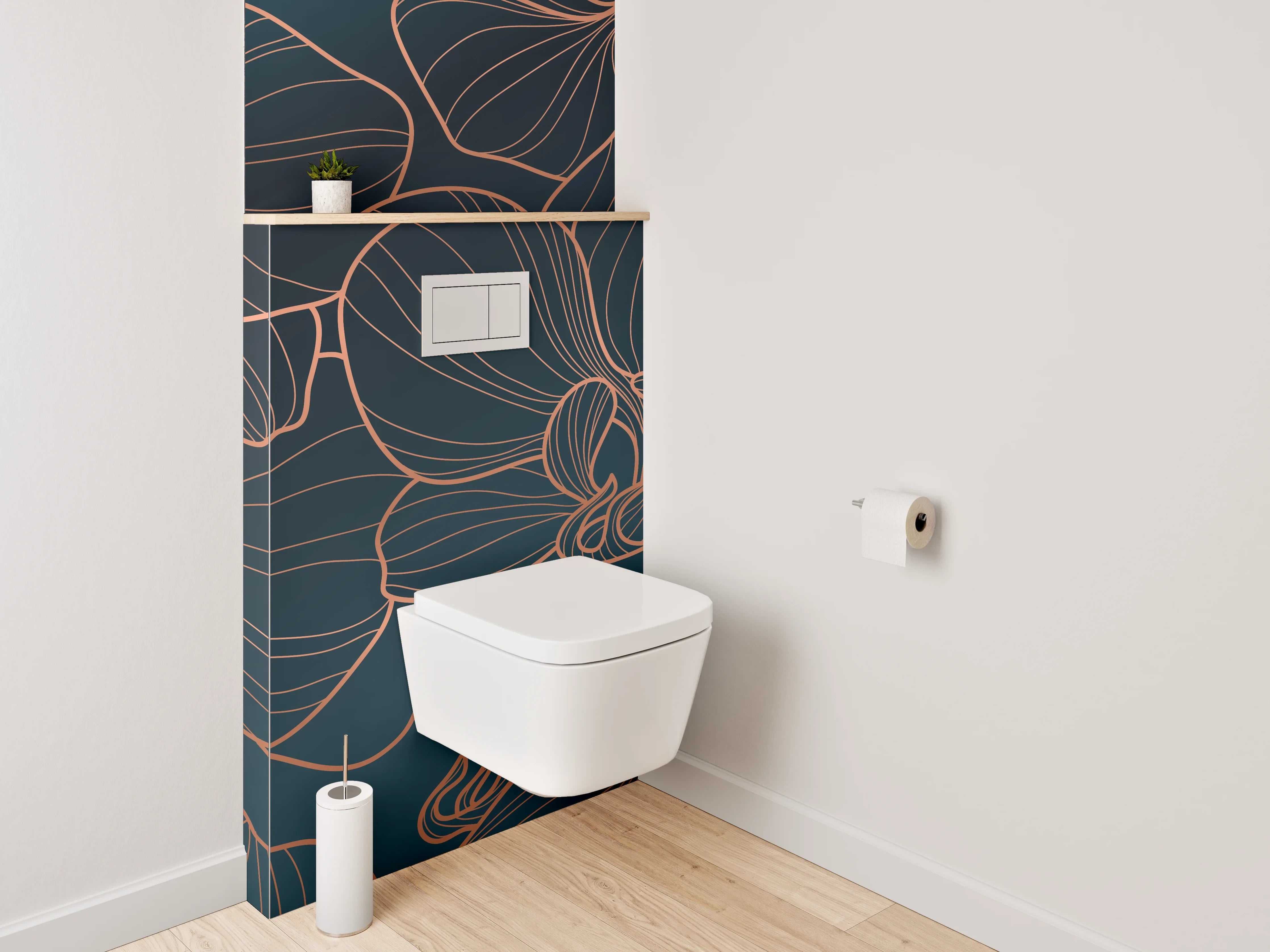 WC-Rückwand - Graue Orchideenlinien vor dunklem Hintergrund