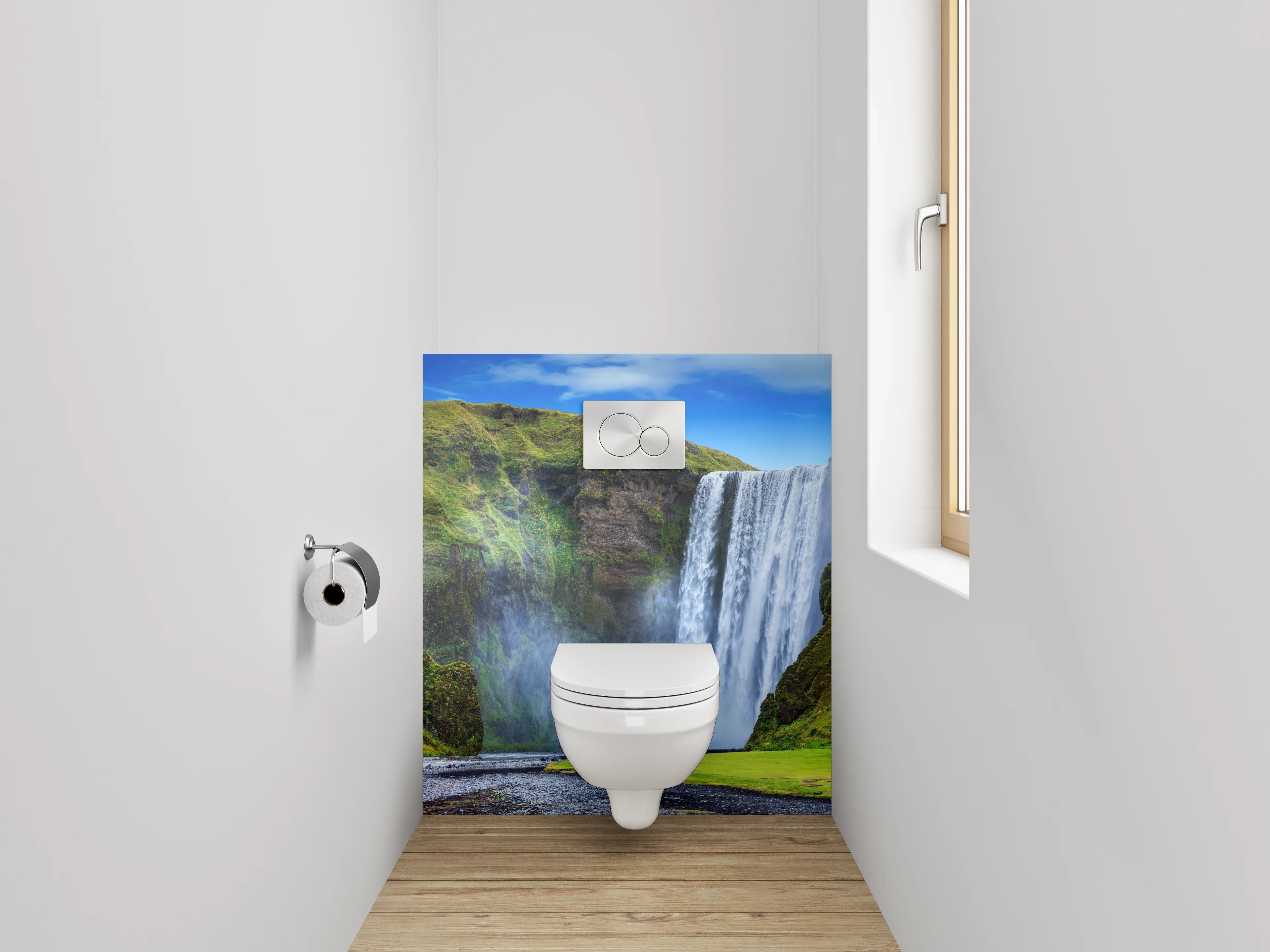 WC-Rückwand - Graue Pracht am isländischen Wasserfall