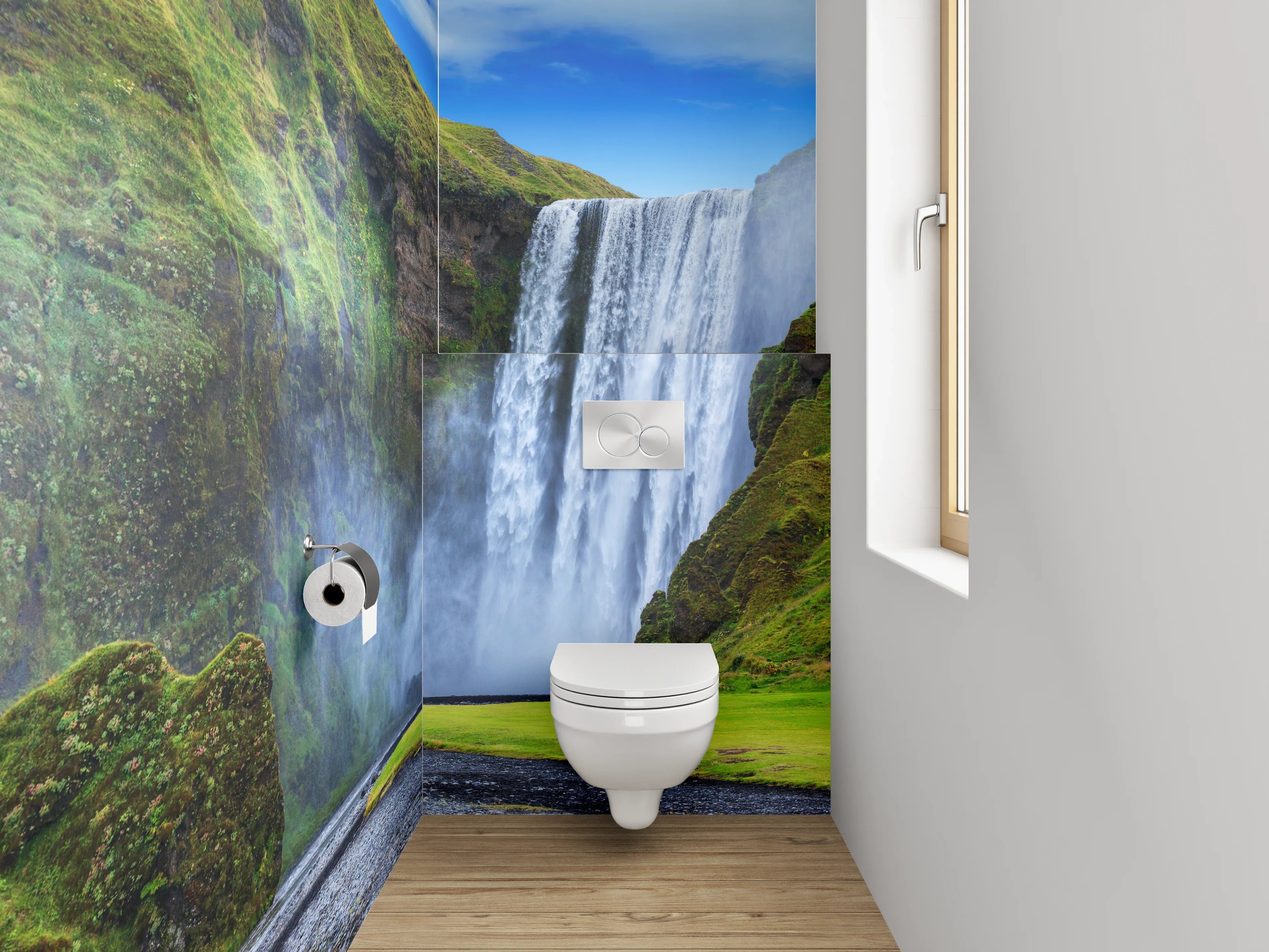 WC-Rückwand - Graue Pracht am isländischen Wasserfall