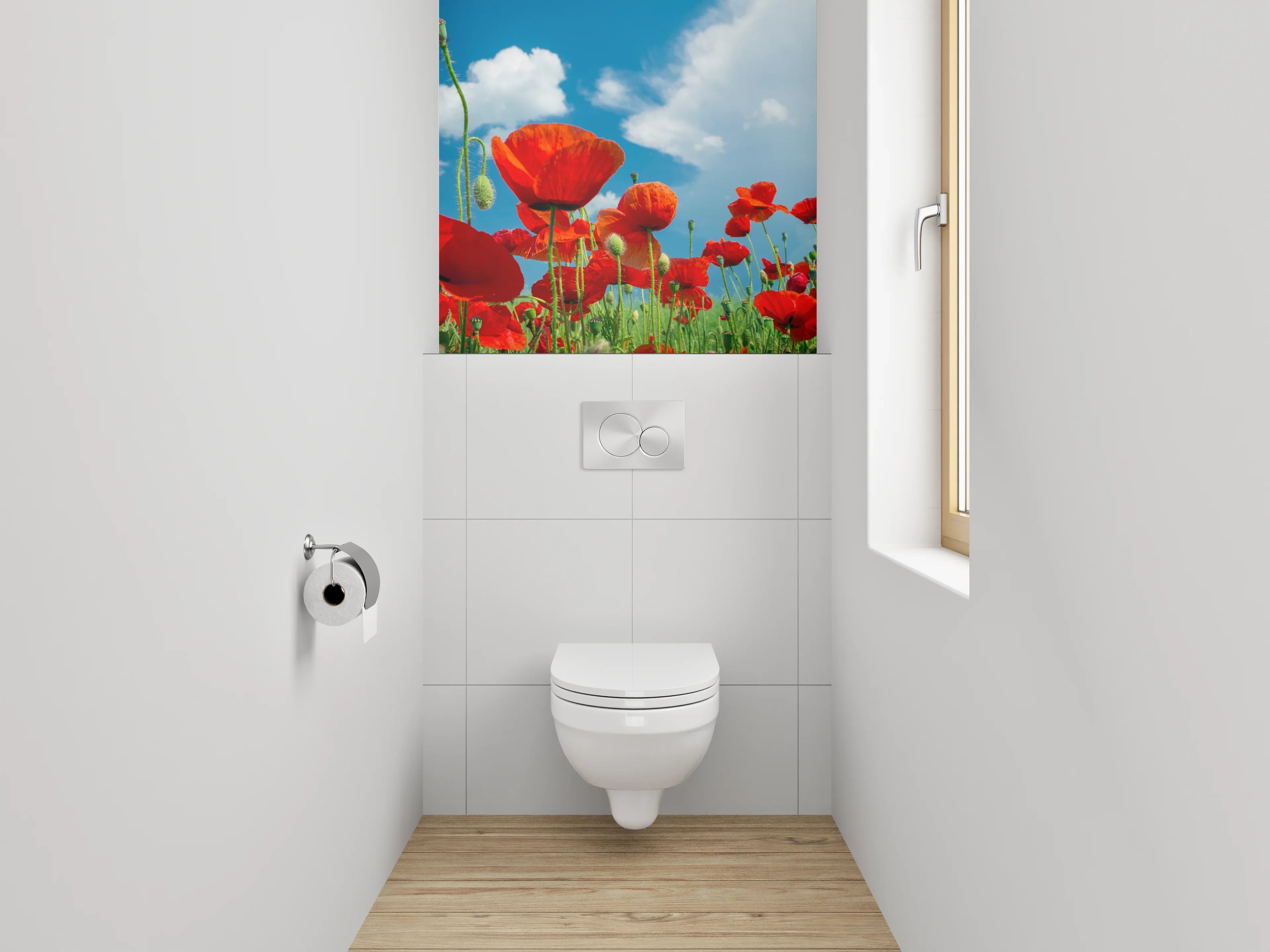 WC-Rückwand - Graue Schatten auf weißer Blütenwiese