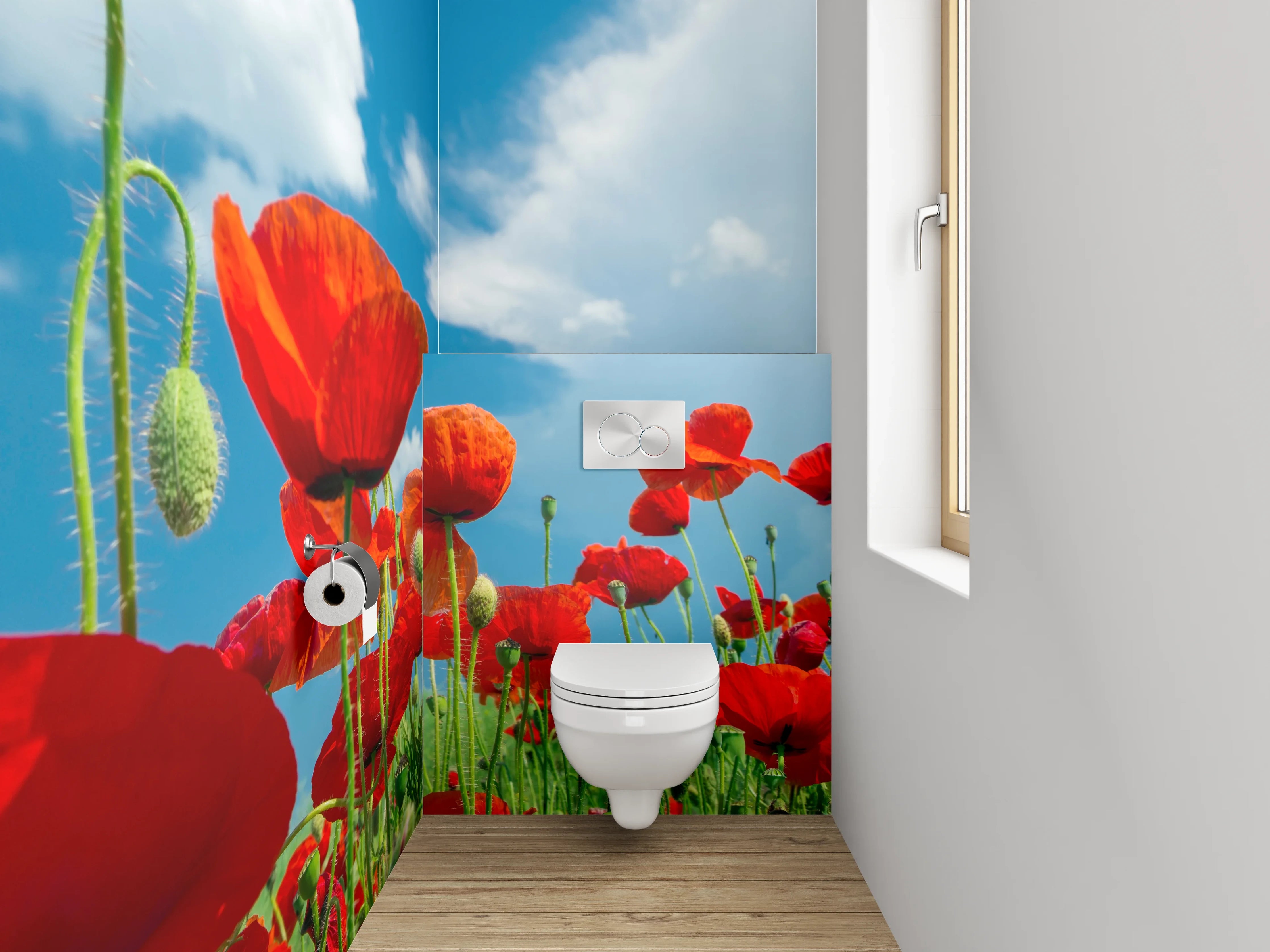 WC-Rückwand - Graue Schatten auf weißer Blütenwiese