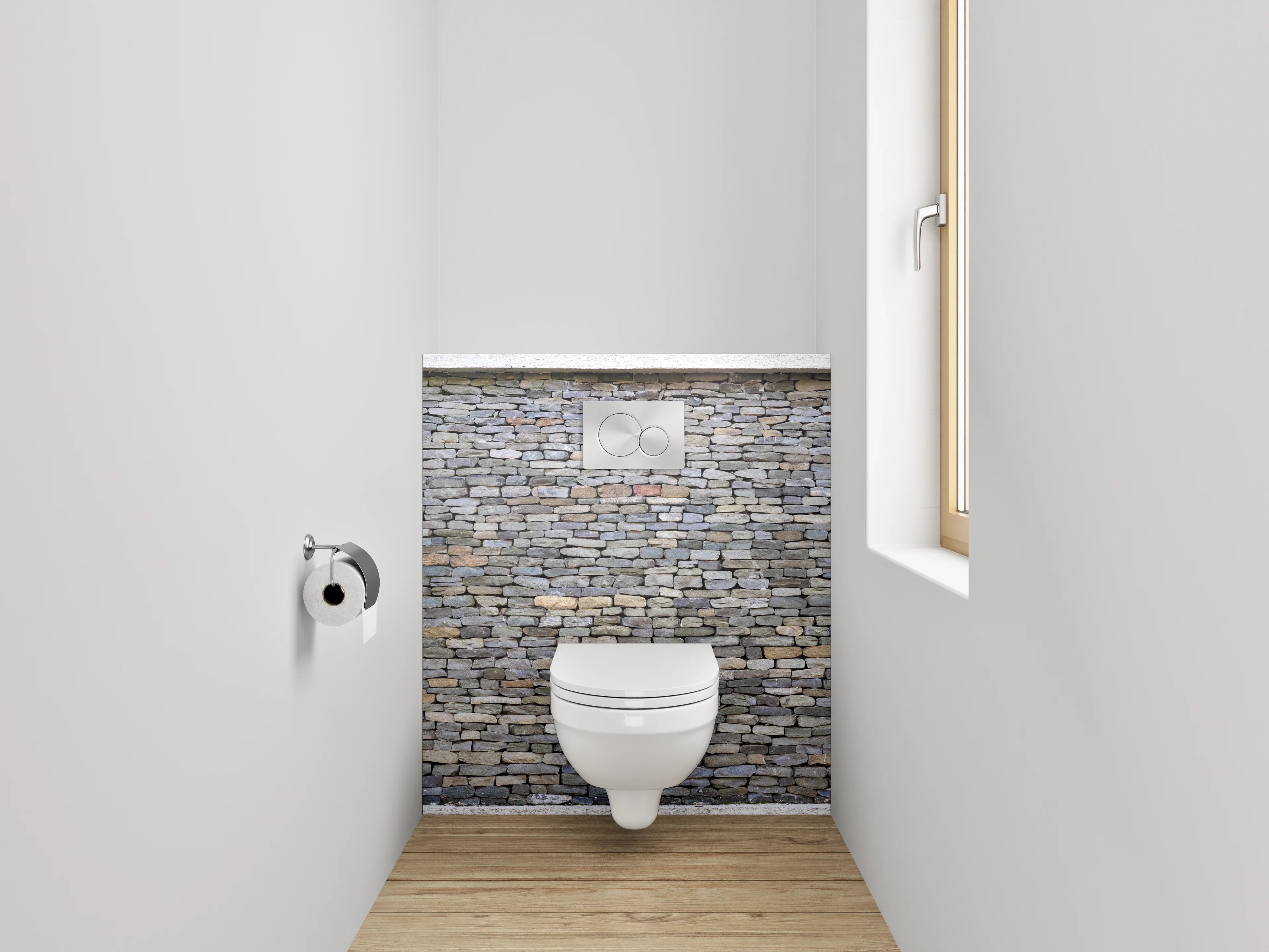 WC-Rückwand - Graue Steinfassade in Weiß