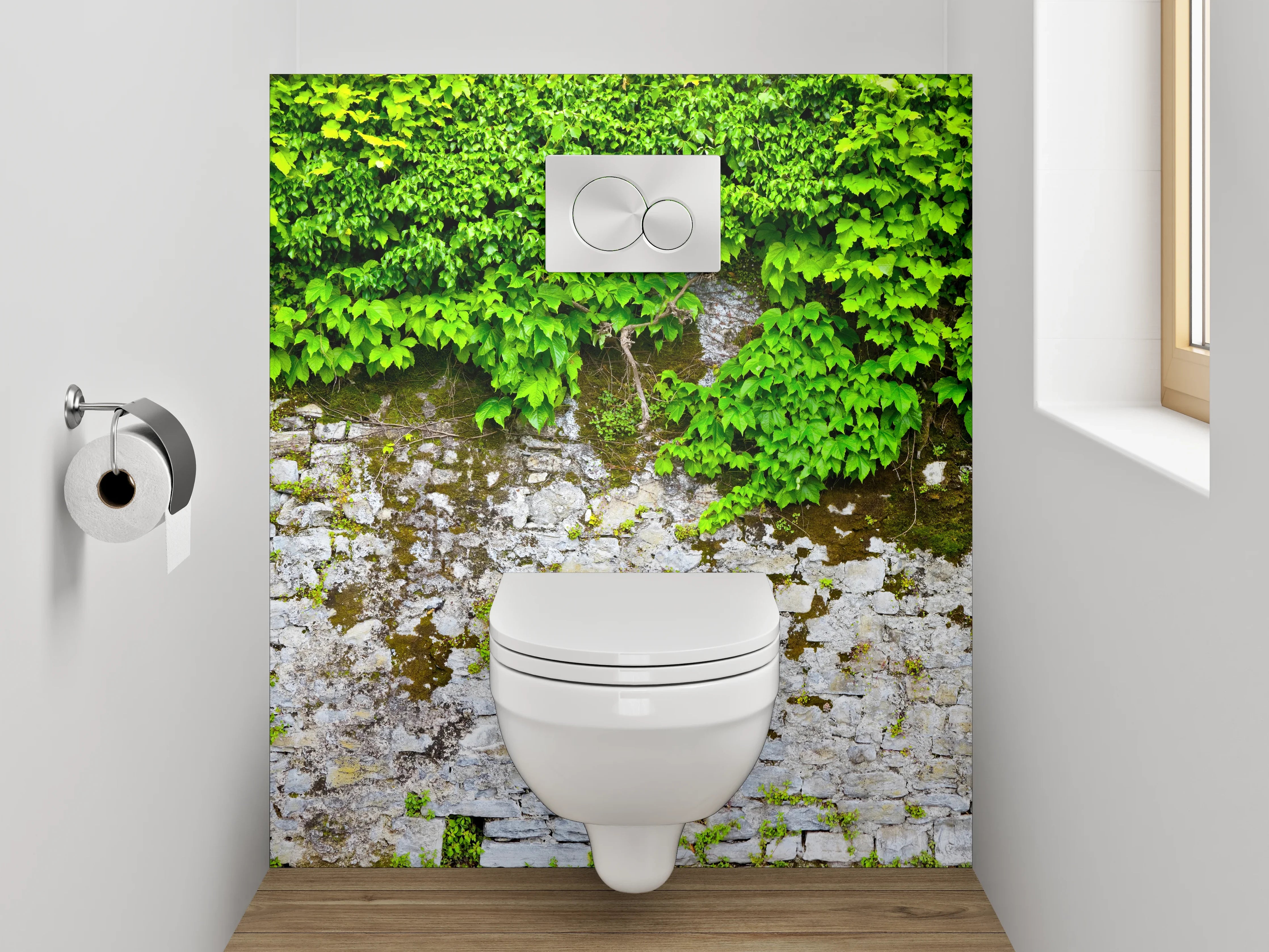 WC-Rückwand - Graue Steinmauer mit weißem Efeu