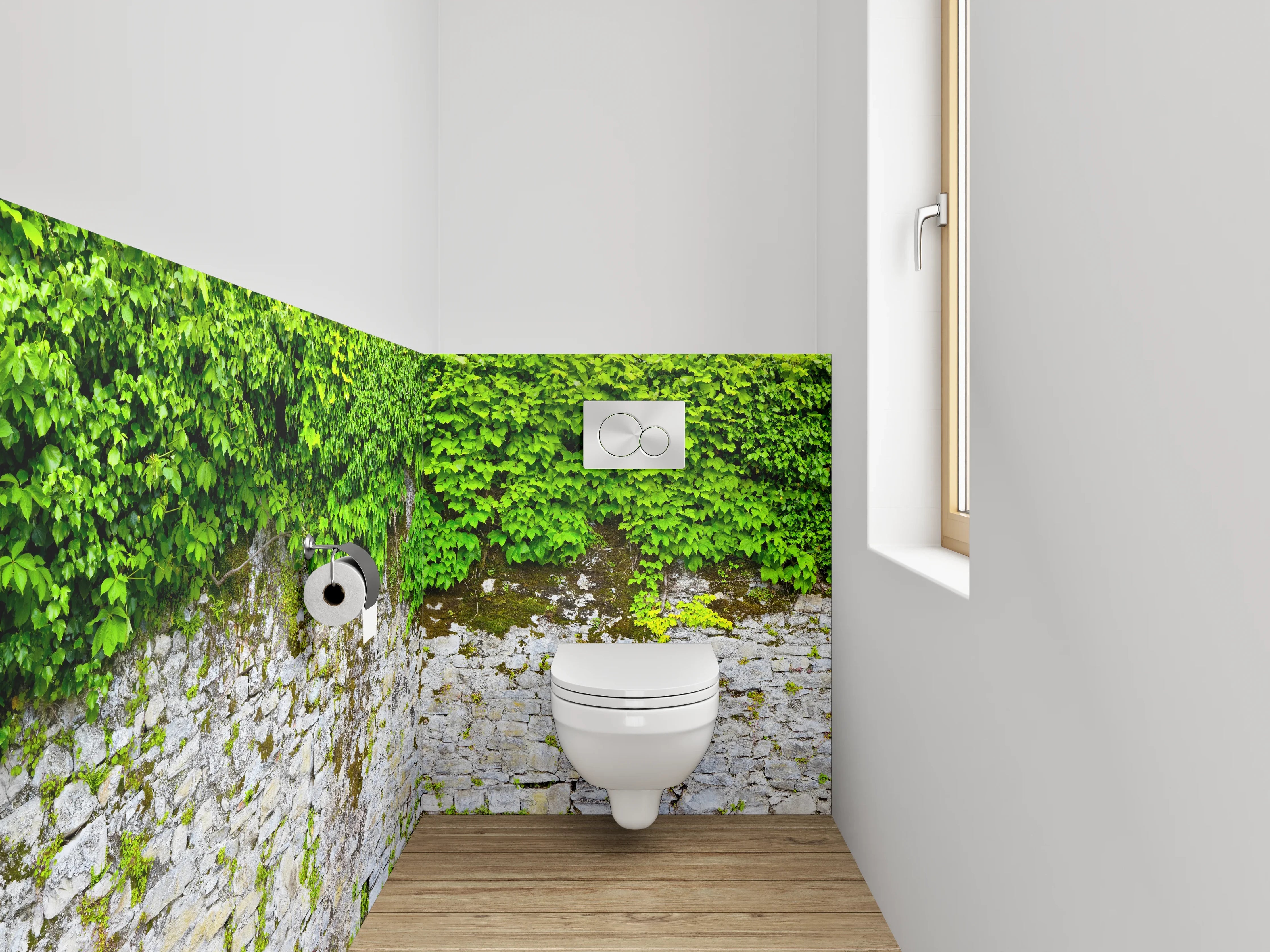 WC-Rückwand - Graue Steinmauer mit weißem Efeu