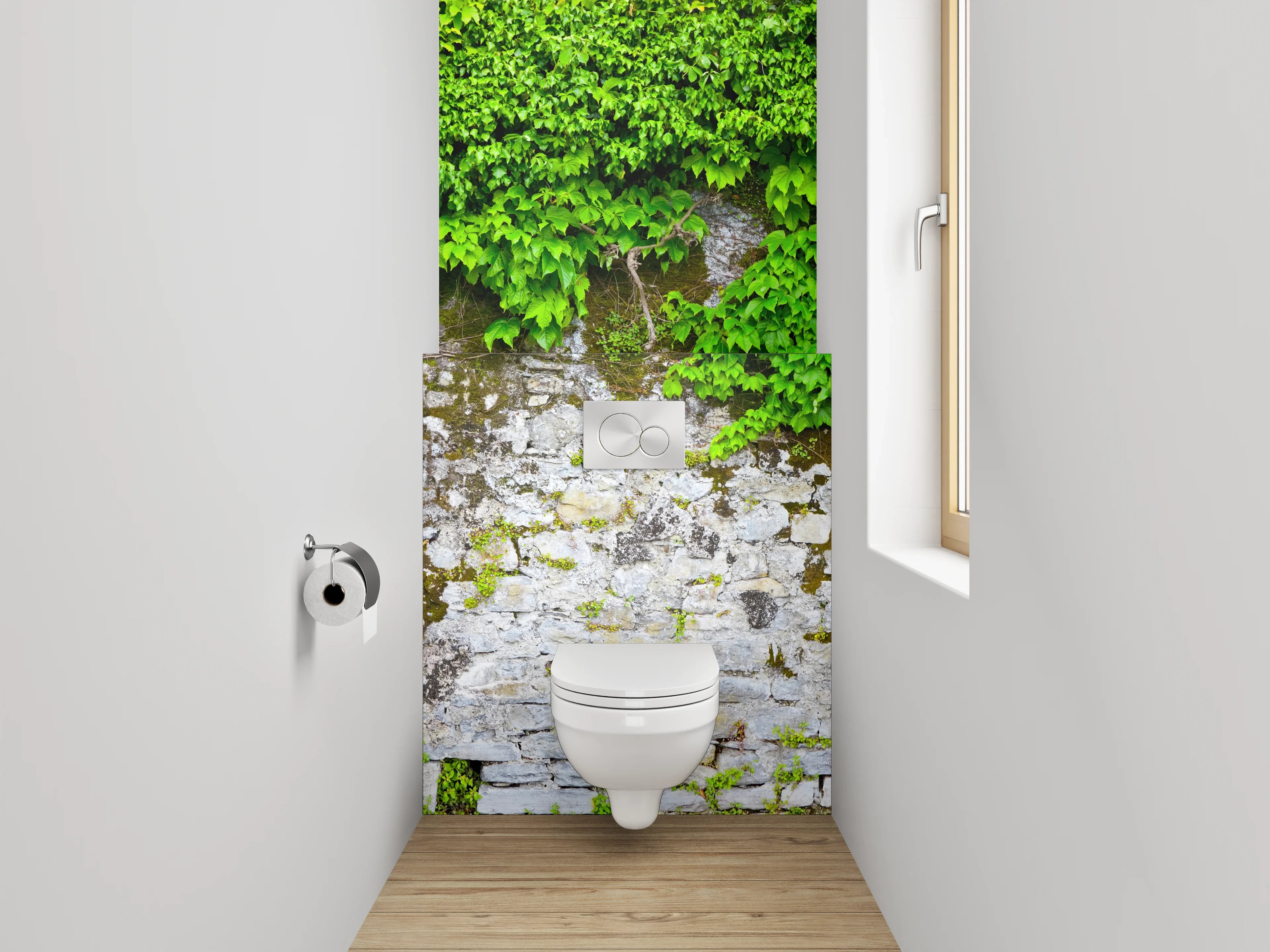 WC-Rückwand - Graue Steinmauer mit weißem Efeu