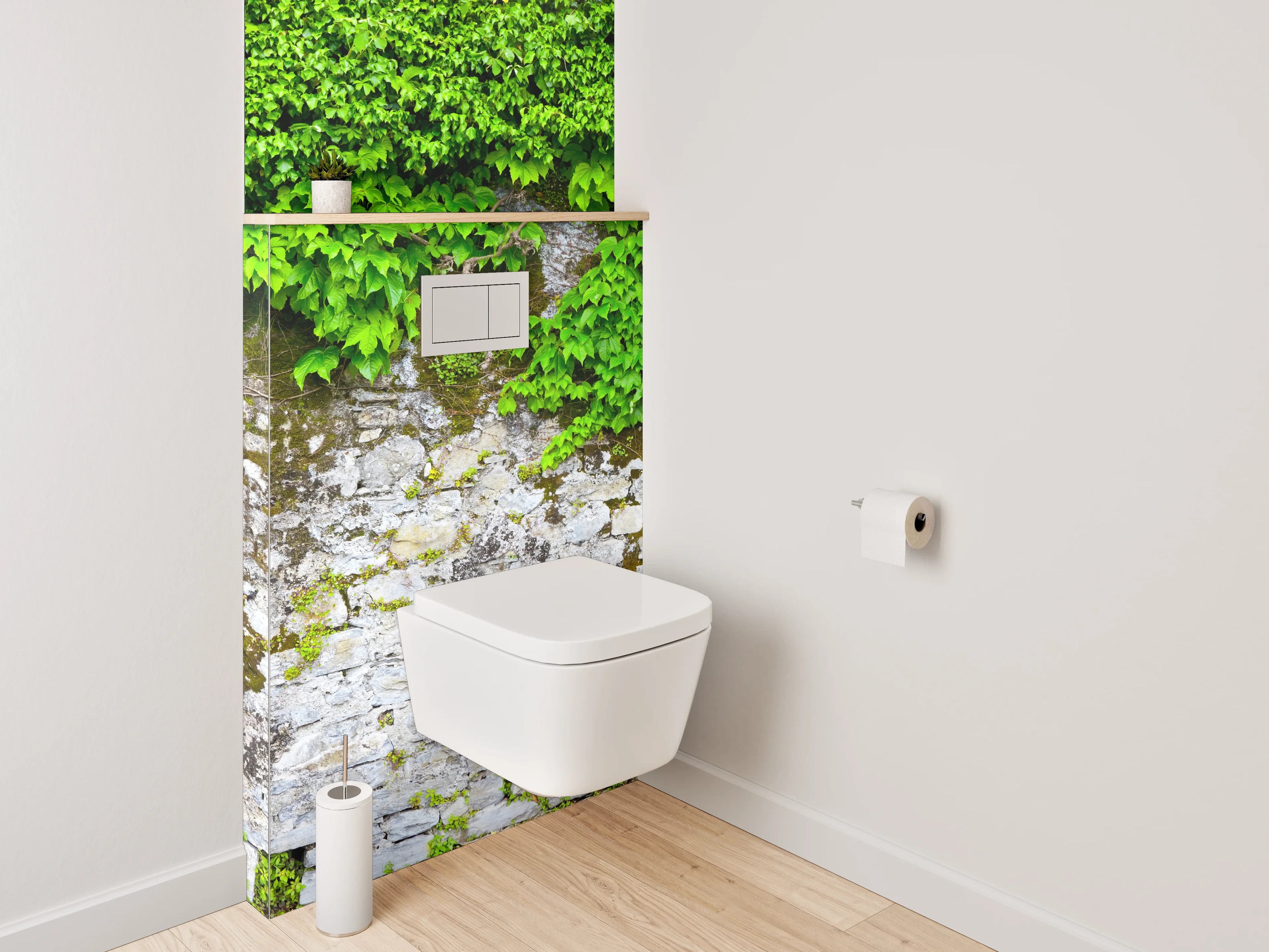 WC-Rückwand - Graue Steinmauer mit weißem Efeu