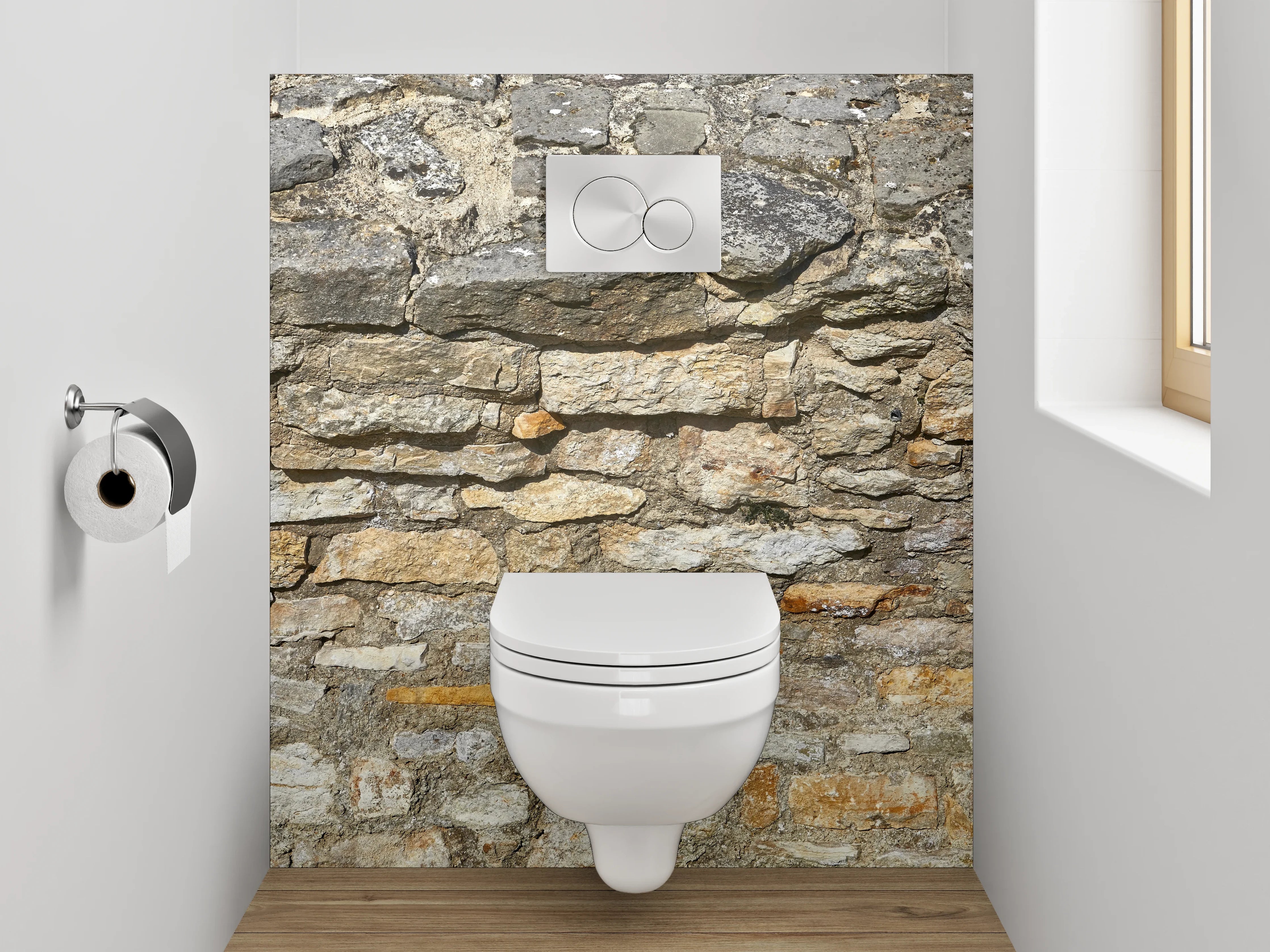 WC-Rückwand - Graue Steinmauer mit weißen Akzenten