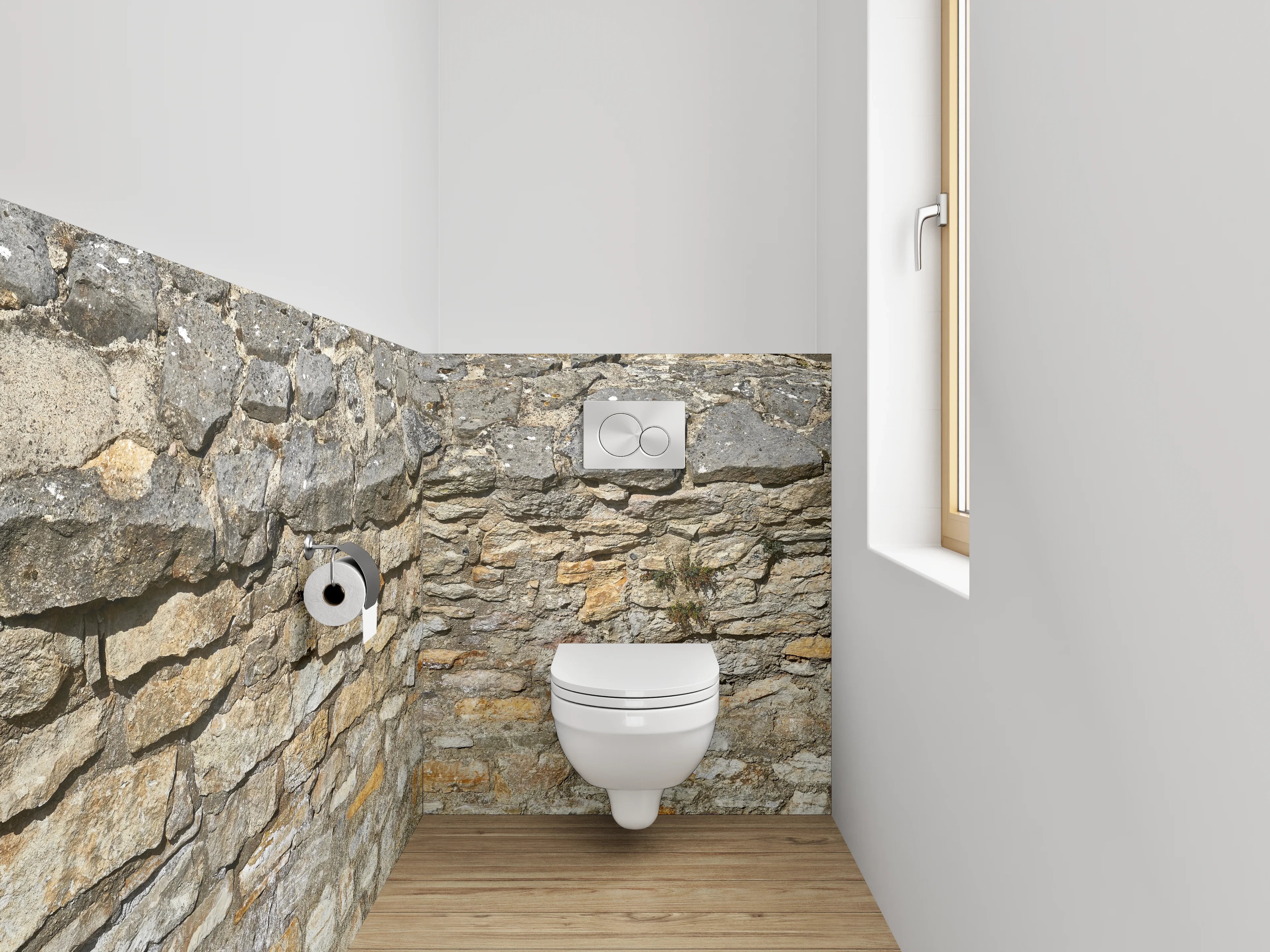 WC-Rückwand - Graue Steinmauer mit weißen Akzenten