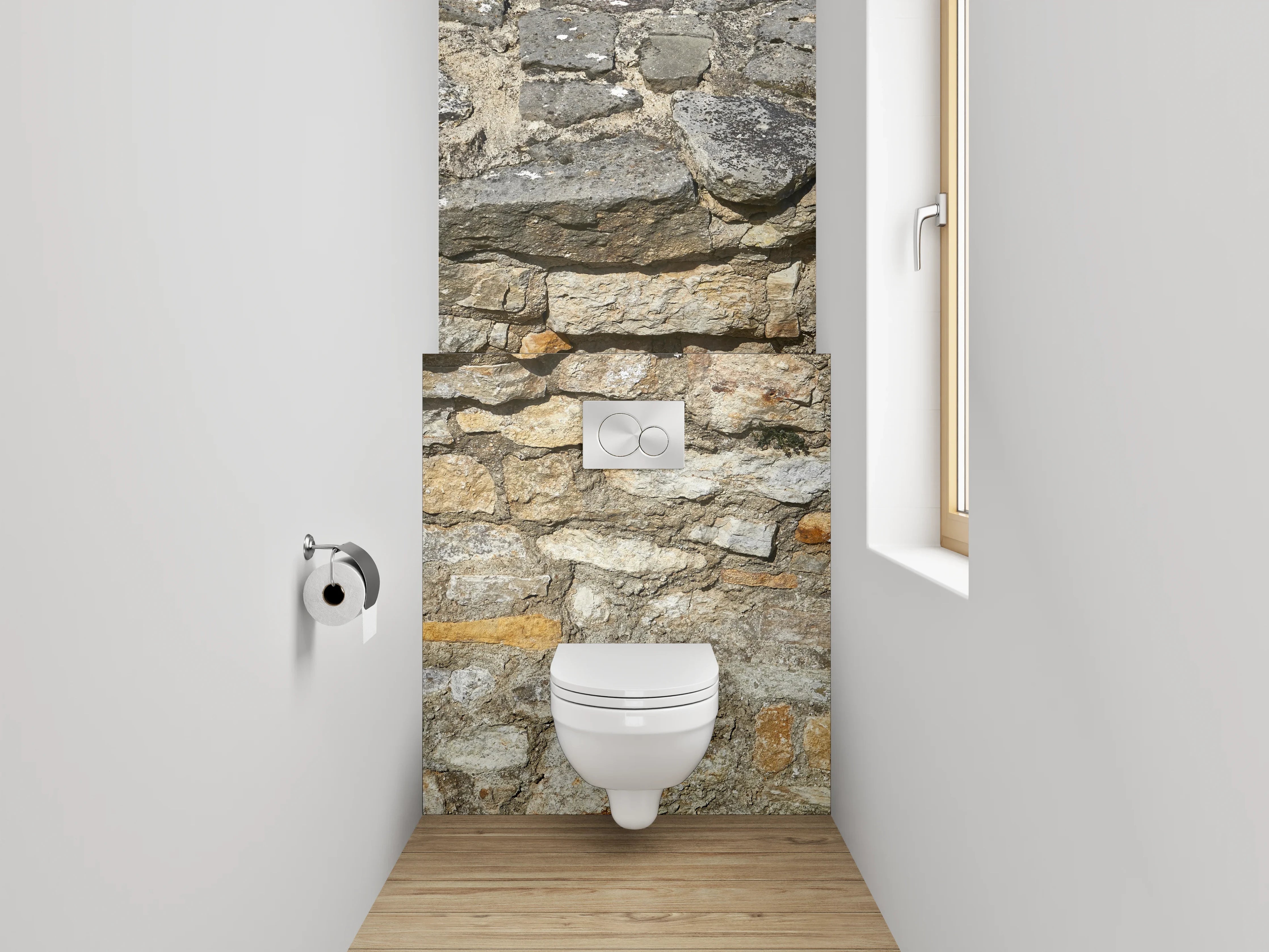 WC-Rückwand - Graue Steinmauer mit weißen Akzenten