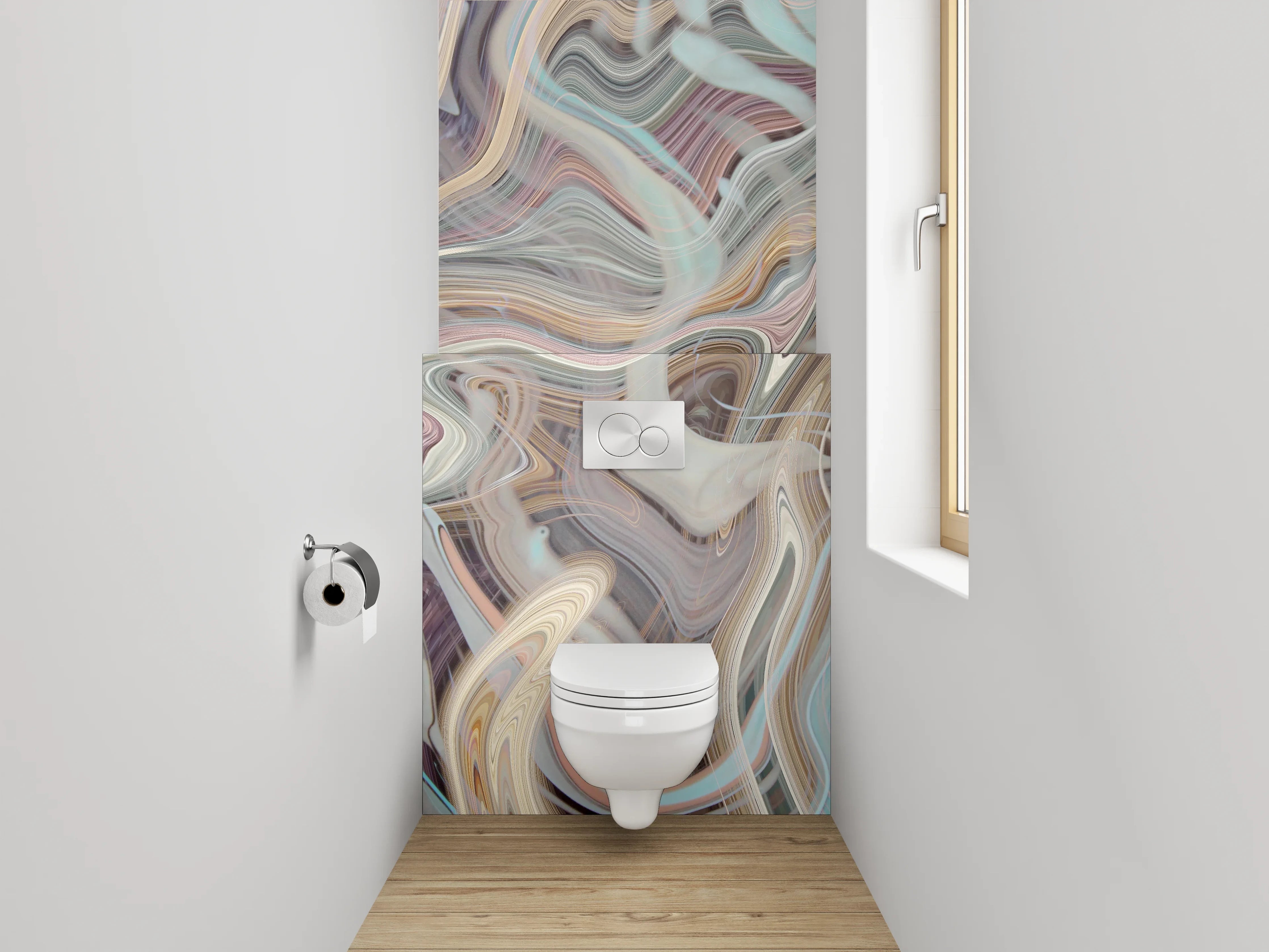WC-Rückwand - Graue Wellen auf weißem Pastell