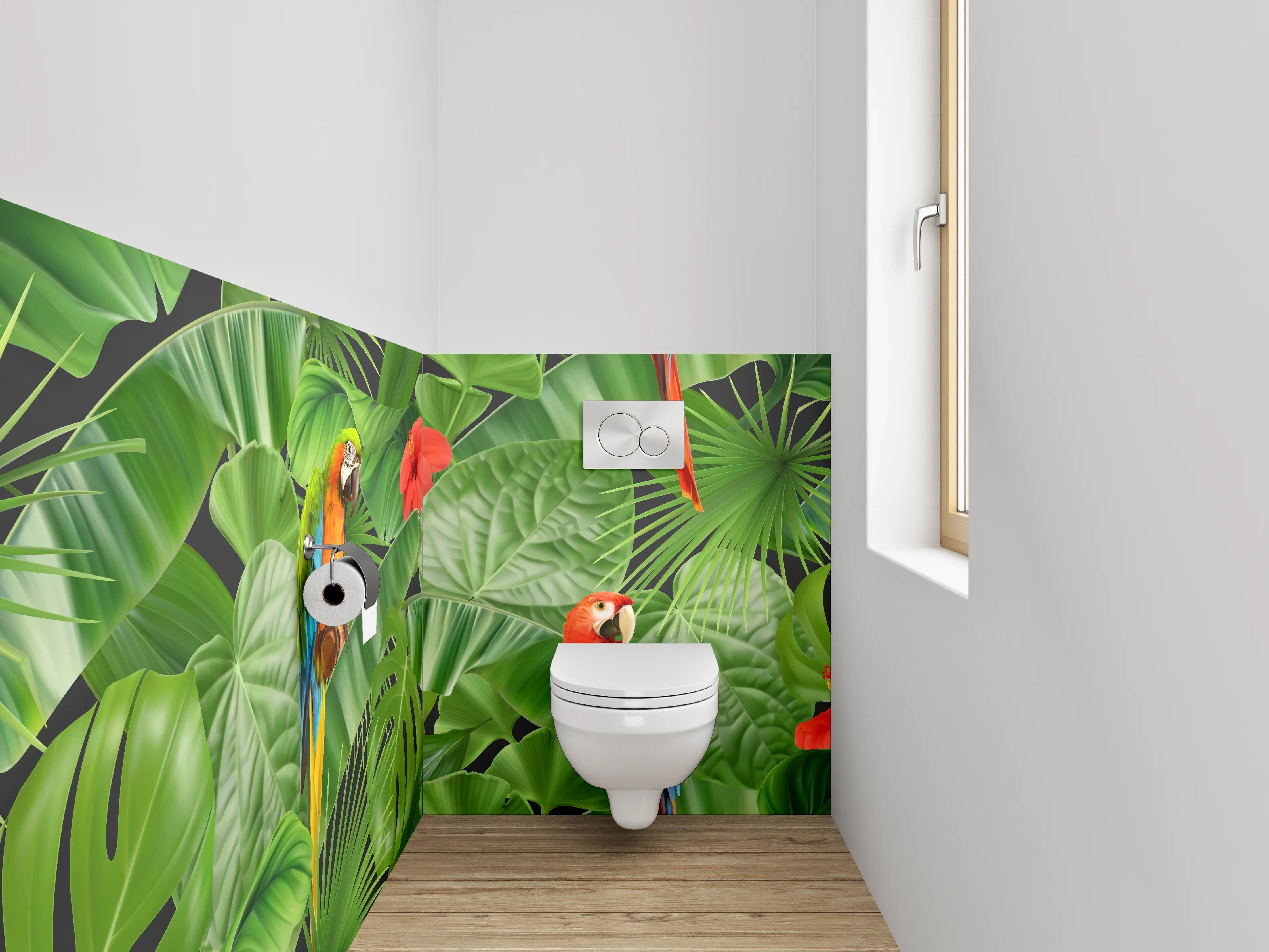WC-Rückwand - Grauer Dschungelzauber mit weißen Papageien