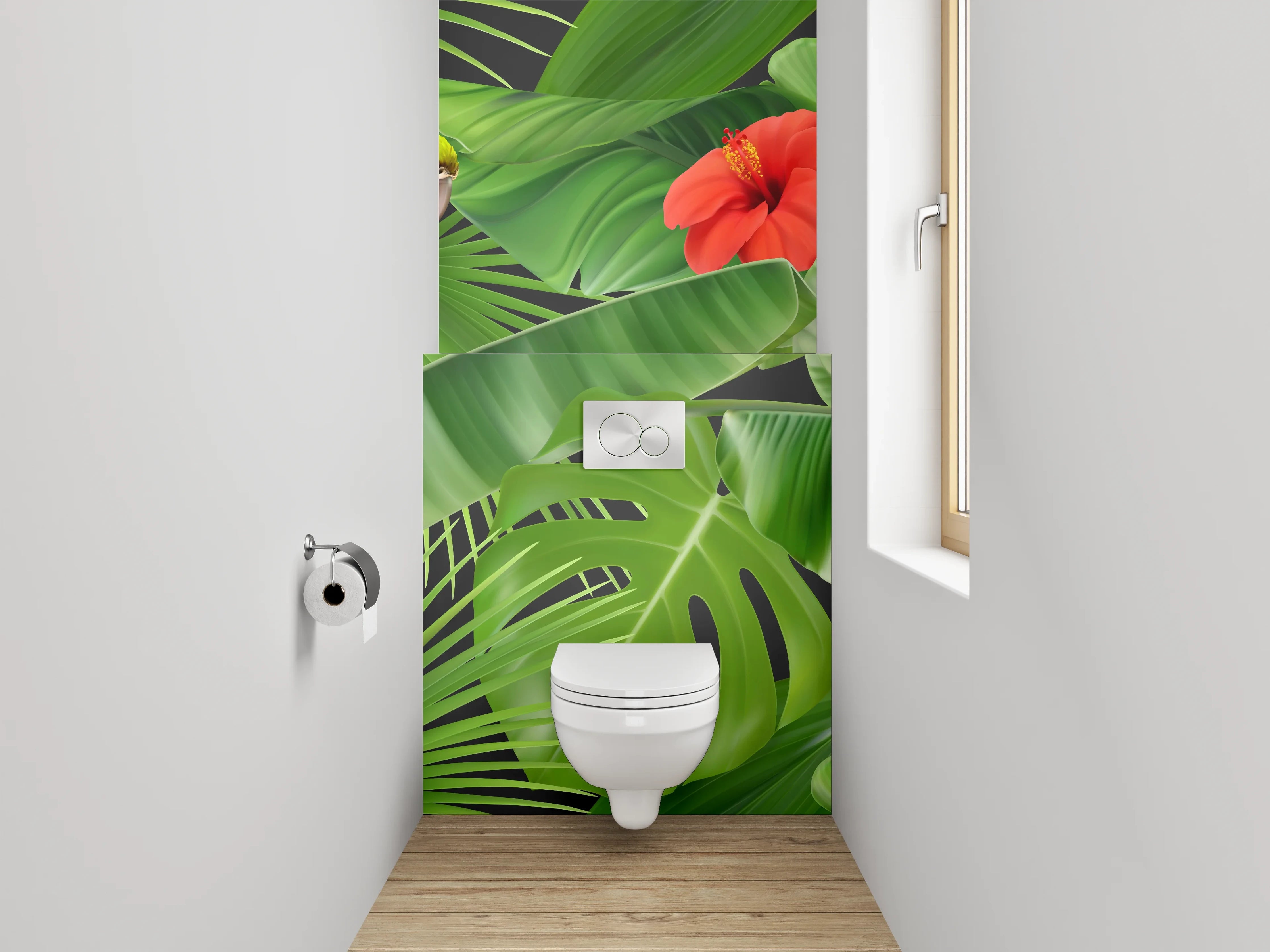 WC-Rückwand - Grauer Dschungelzauber mit weißen Papageien