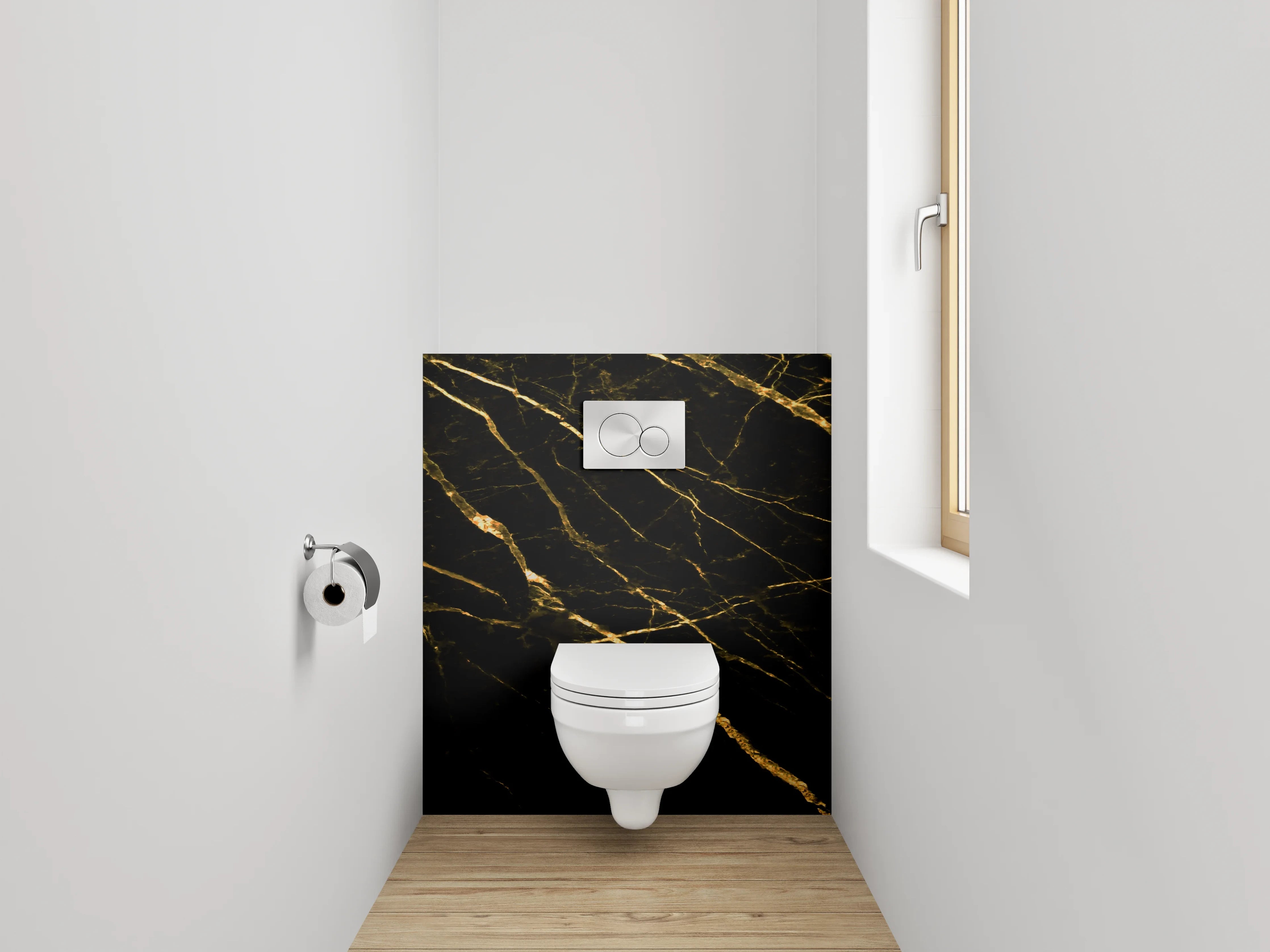 WC-Rückwand - Grauer Glanz auf weiß-goldenem Stein