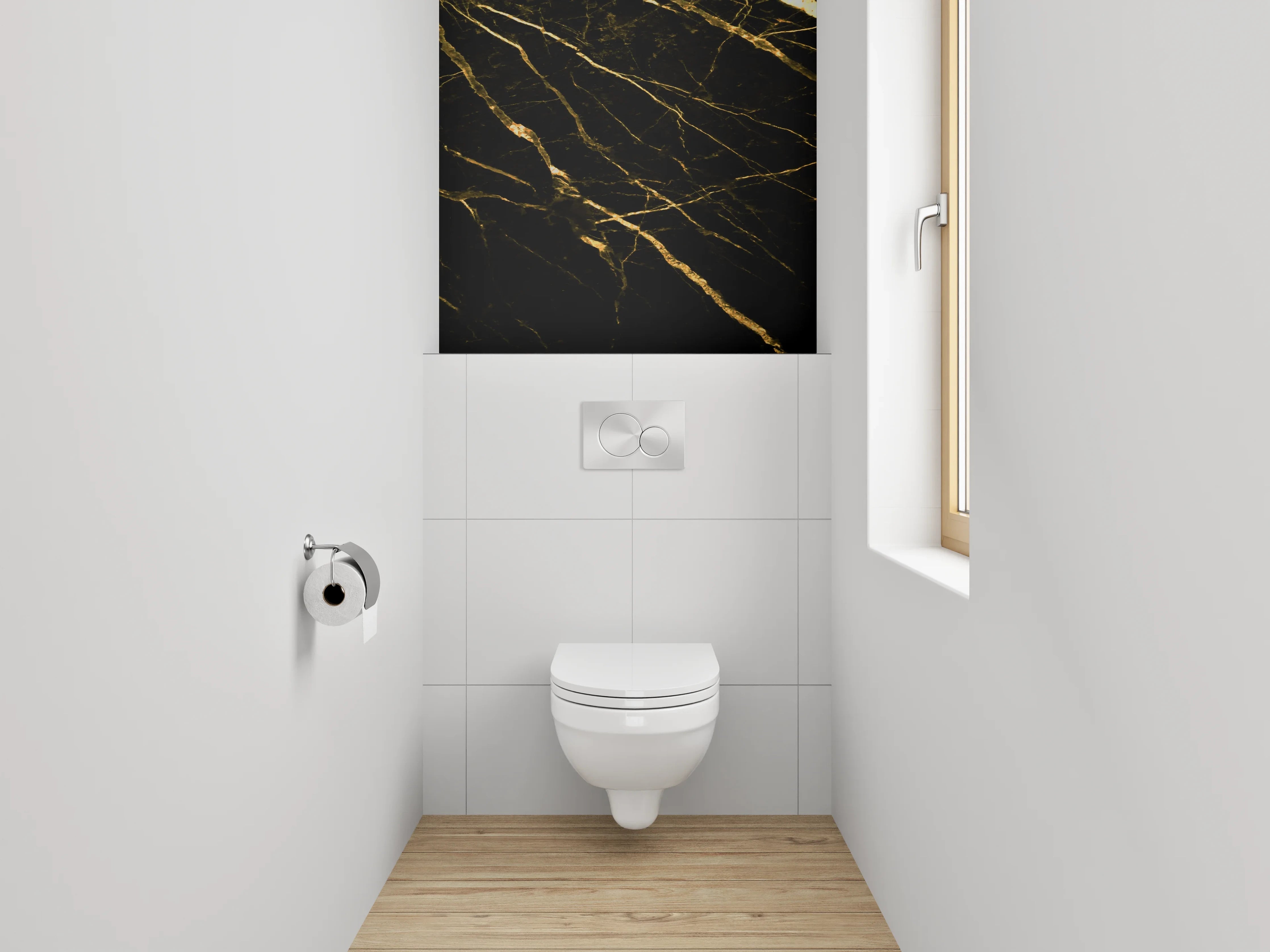WC-Rückwand - Grauer Glanz auf weiß-goldenem Stein
