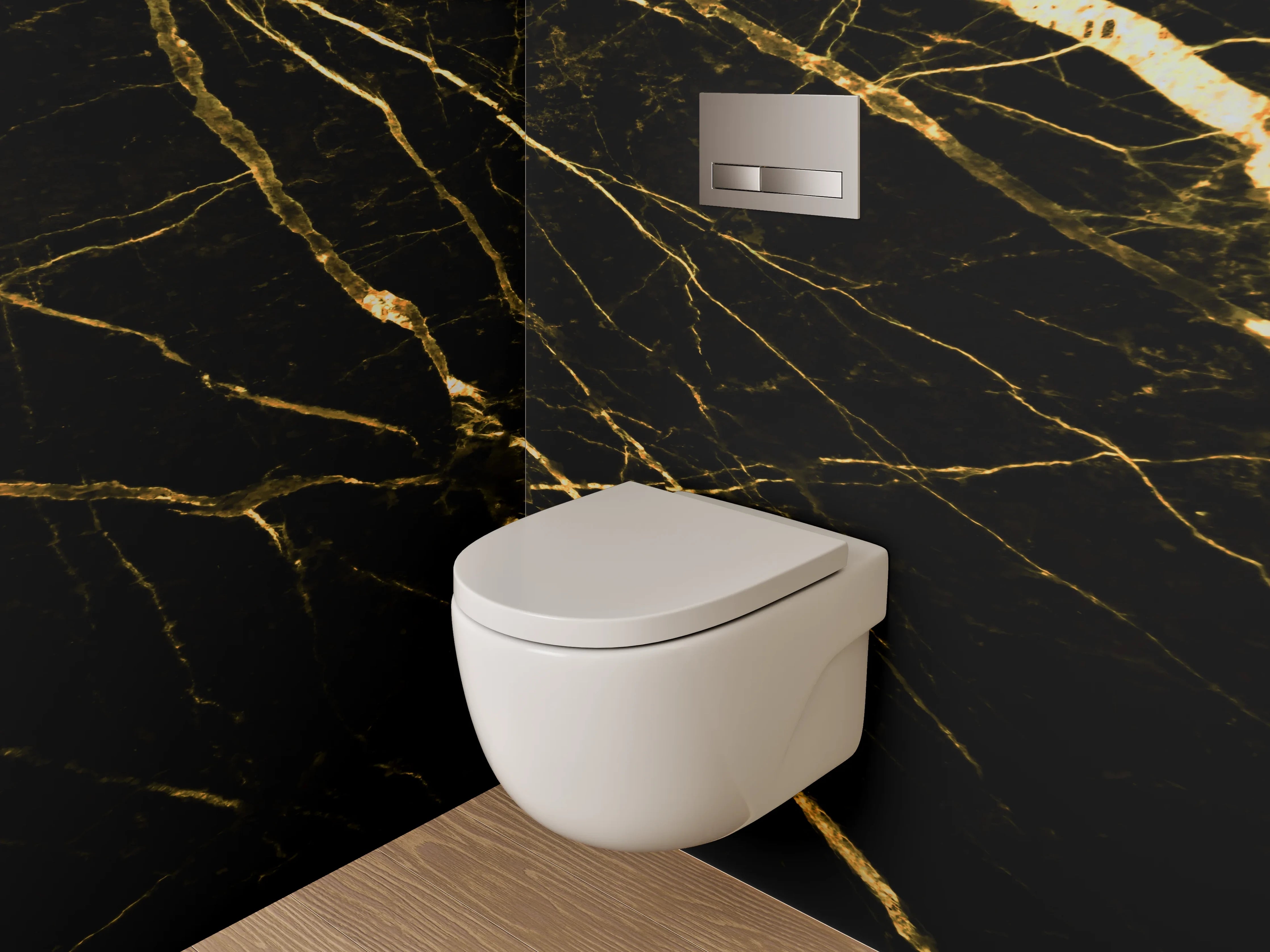 WC-Rückwand - Grauer Glanz auf weiß-goldenem Stein