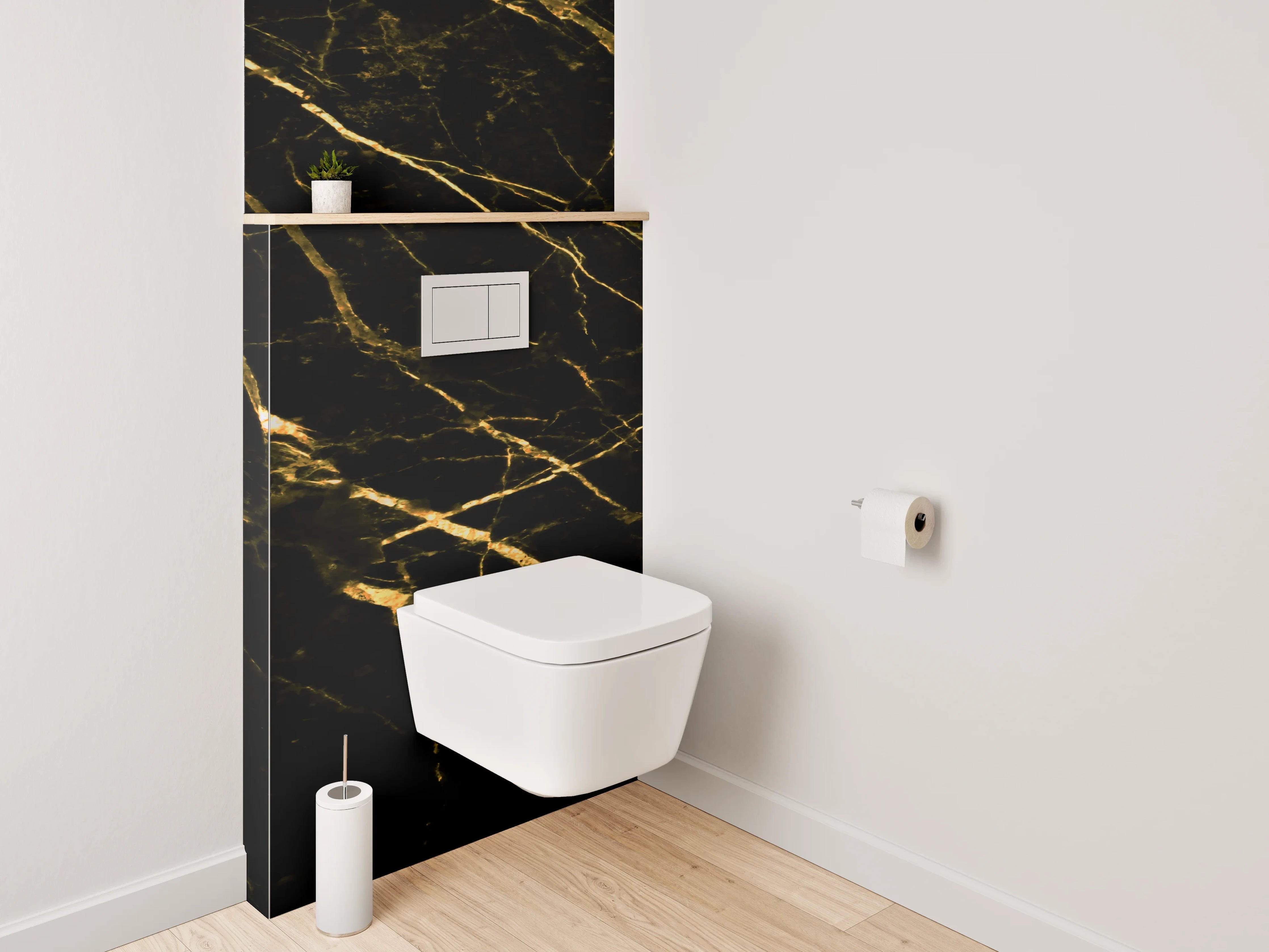 WC-Rückwand - Grauer Glanz auf weiß-goldenem Stein