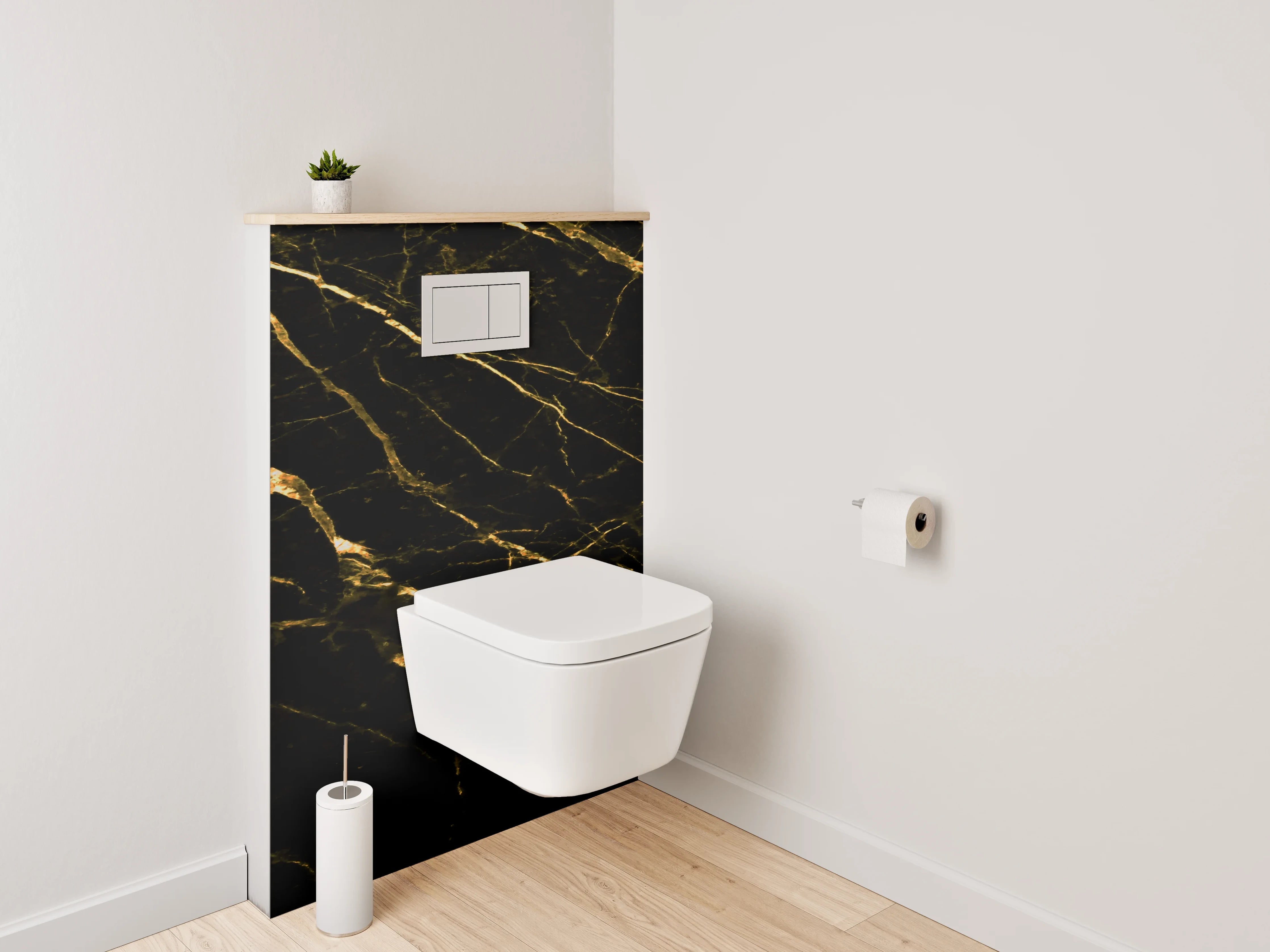 WC-Rückwand - Grauer Glanz auf weiß-goldenem Stein