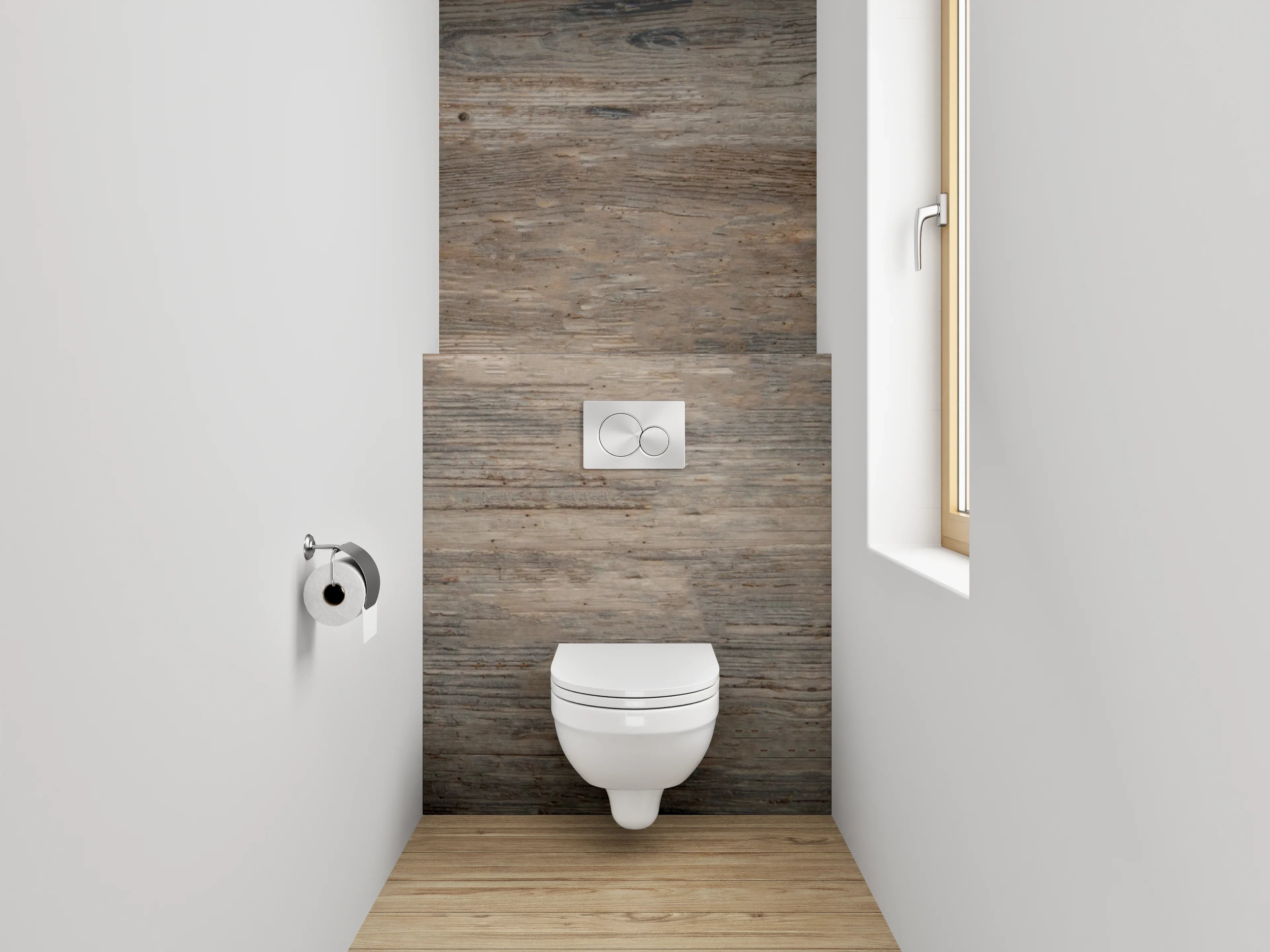 WC-Rückwand - Grauer Holzboden-Charme
