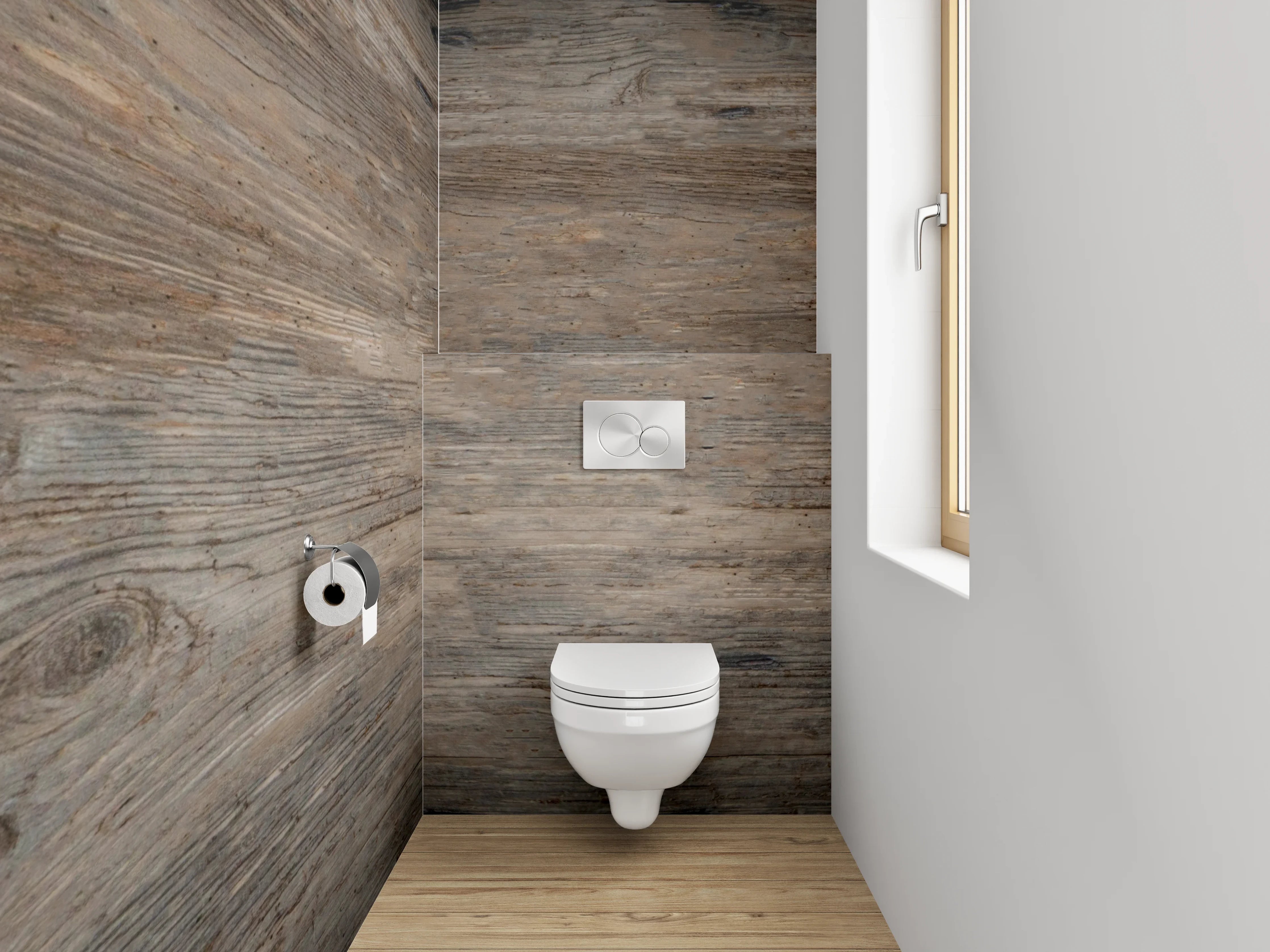 WC-Rückwand - Grauer Holzboden-Charme