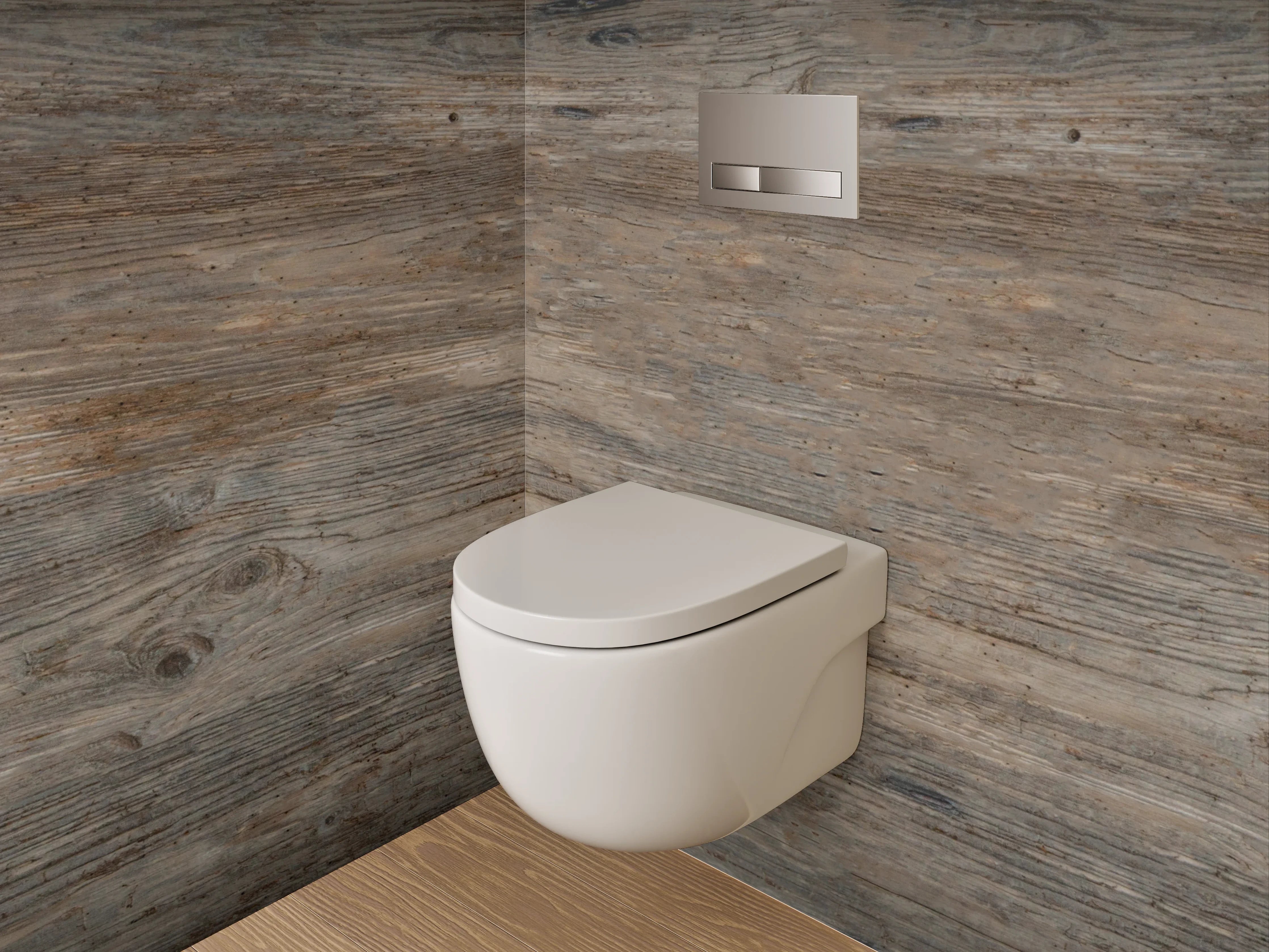 WC-Rückwand - Grauer Holzboden-Charme