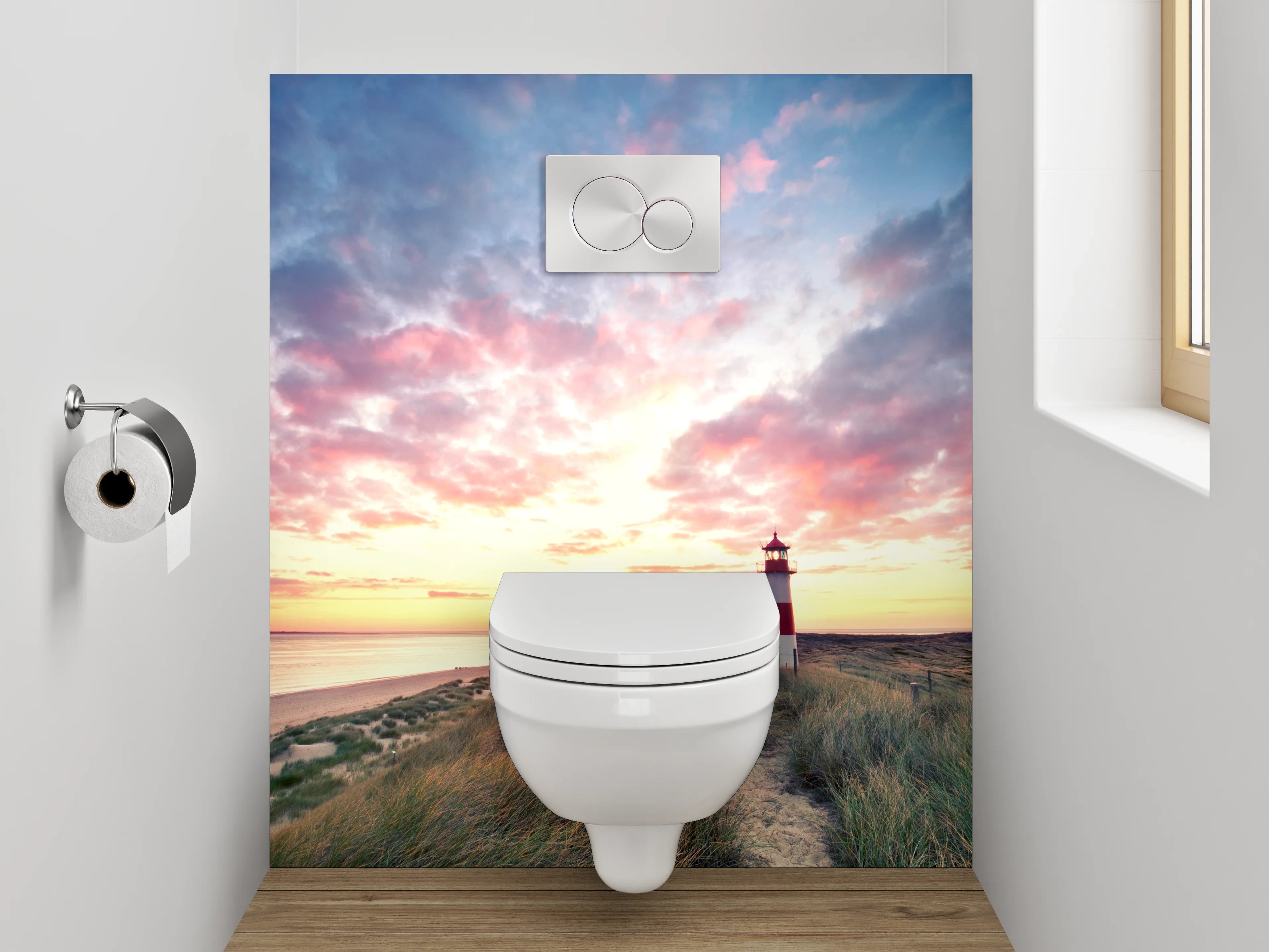 WC-Rückwand - Grauer Leuchtturm im weißen Abendlicht
