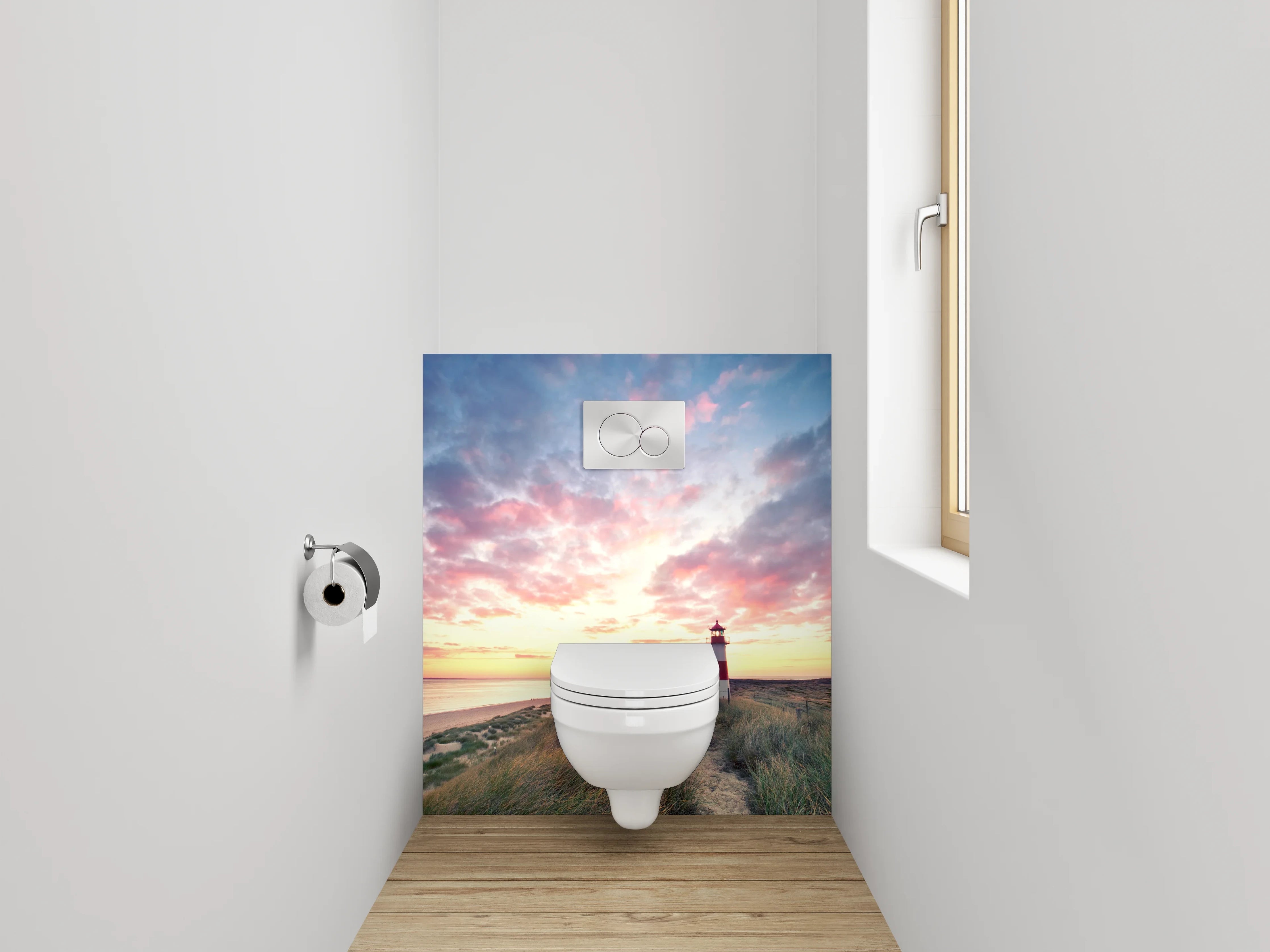 WC-Rückwand - Grauer Leuchtturm im weißen Abendlicht