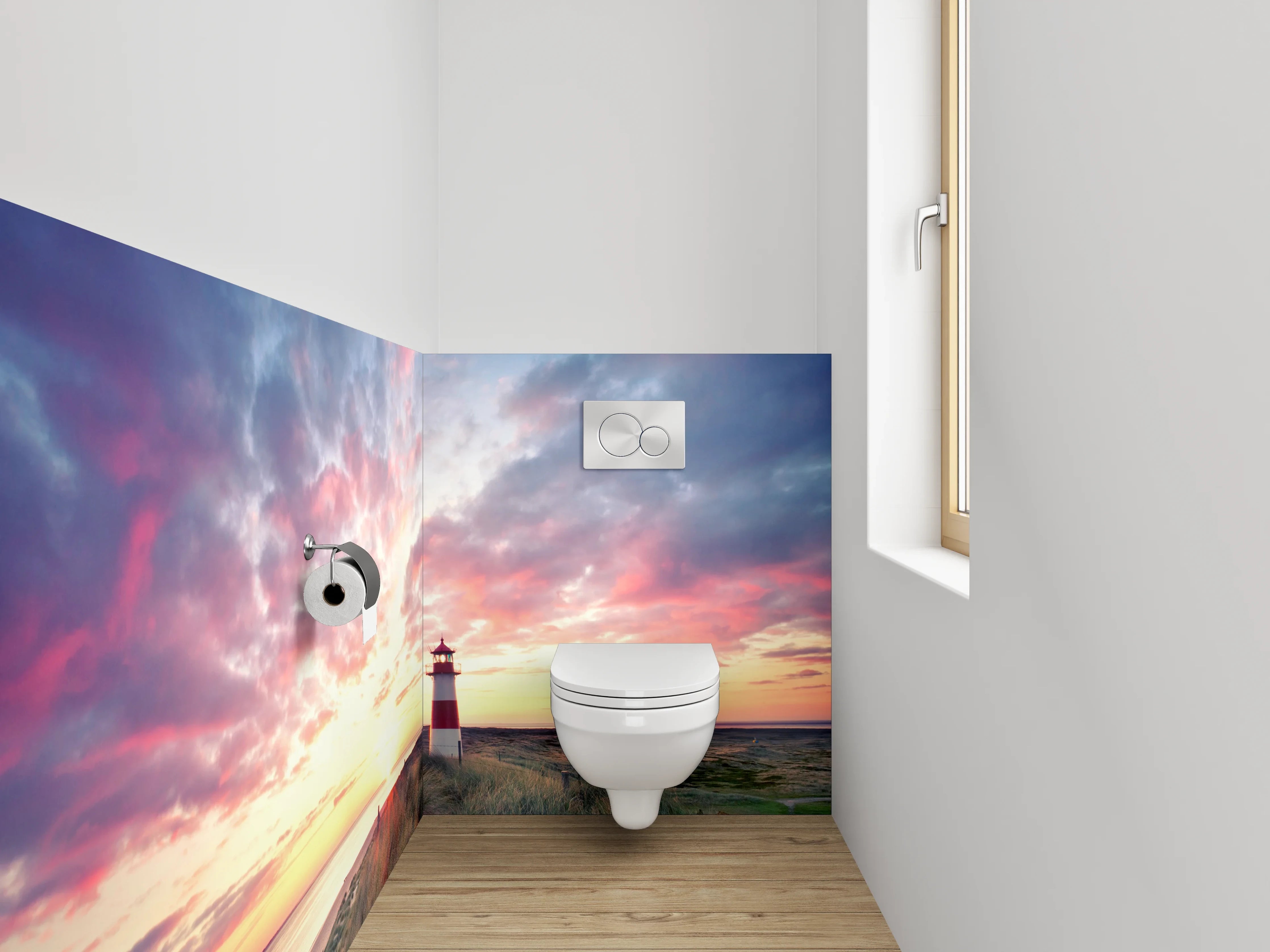 WC-Rückwand - Grauer Leuchtturm im weißen Abendlicht