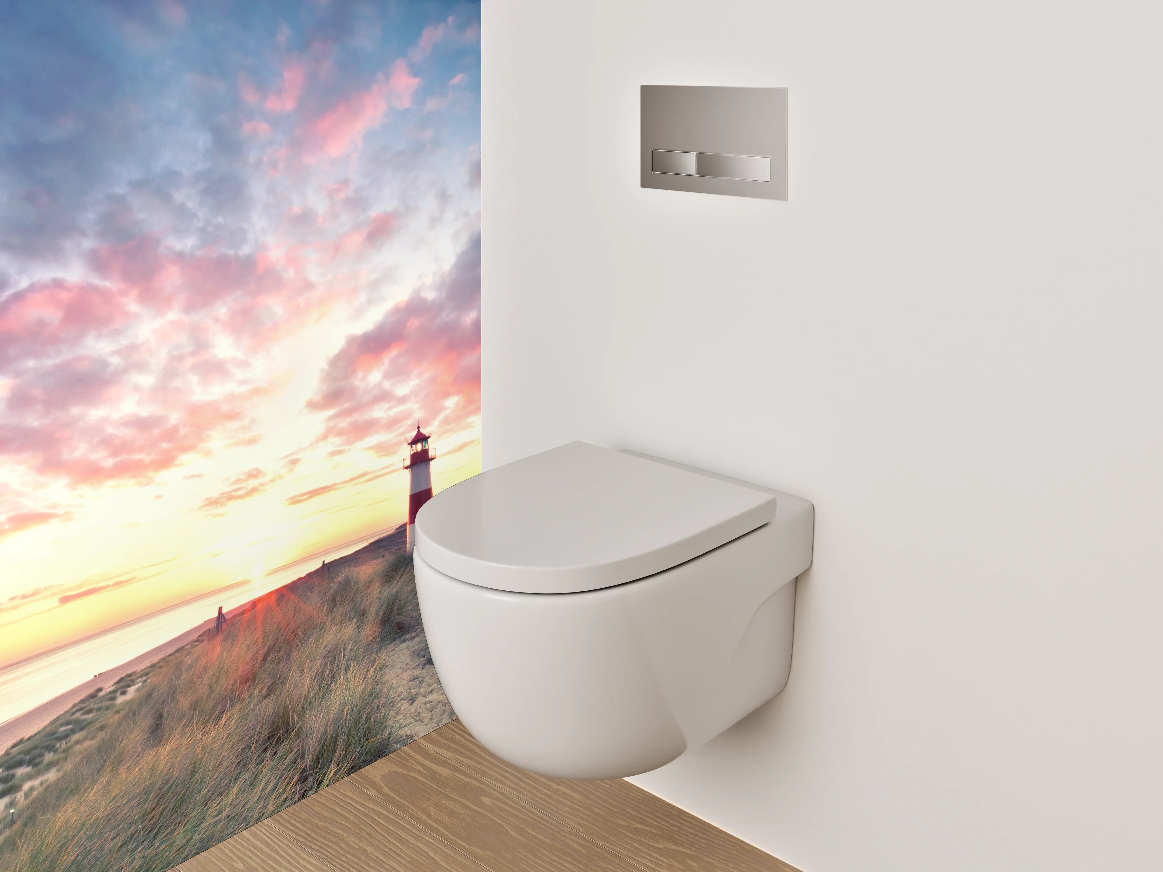 WC-Rückwand - Grauer Leuchtturm im weißen Abendlicht