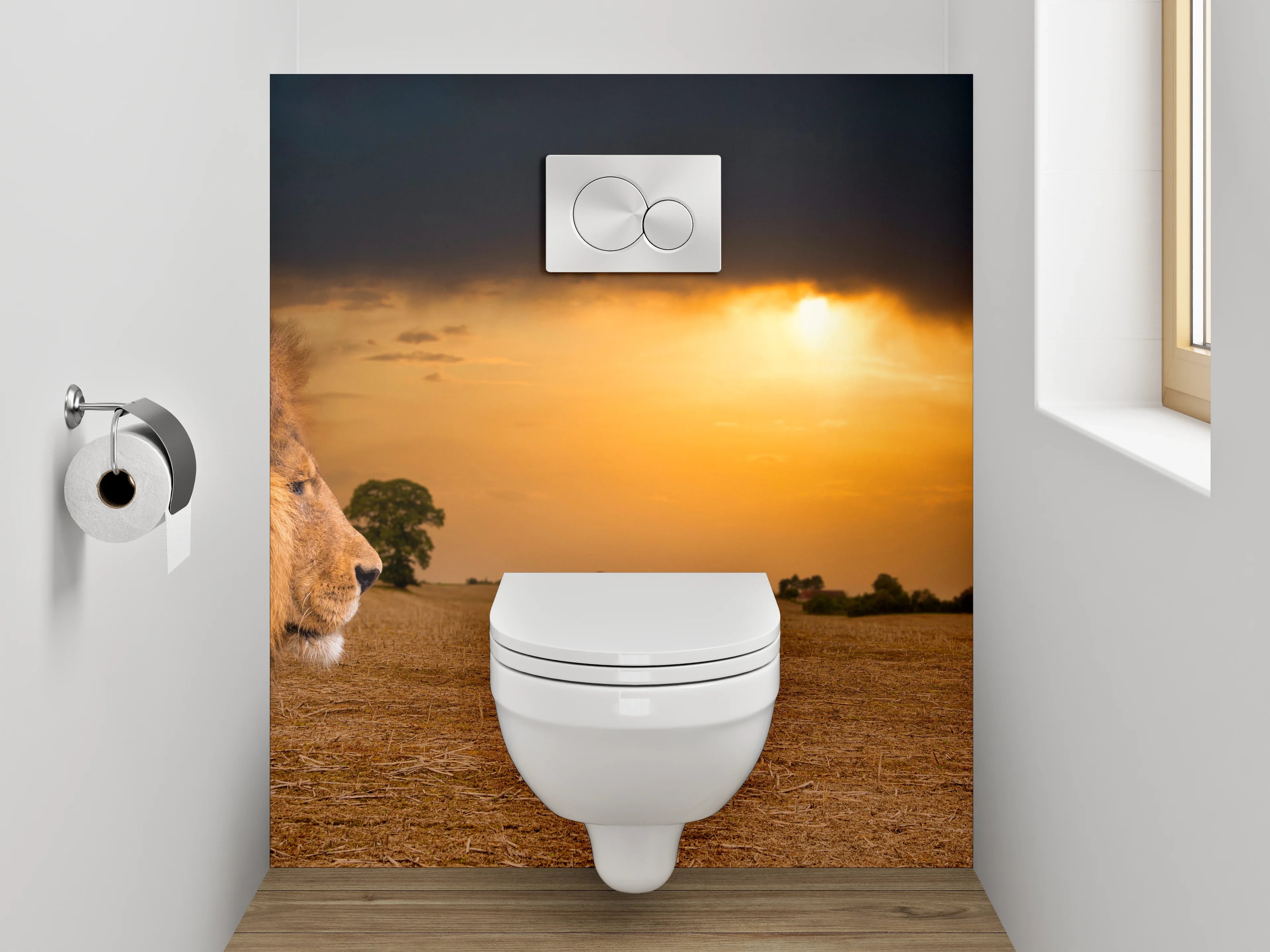 WC-Rückwand - Grauer Löwe im weißen Abendlicht
