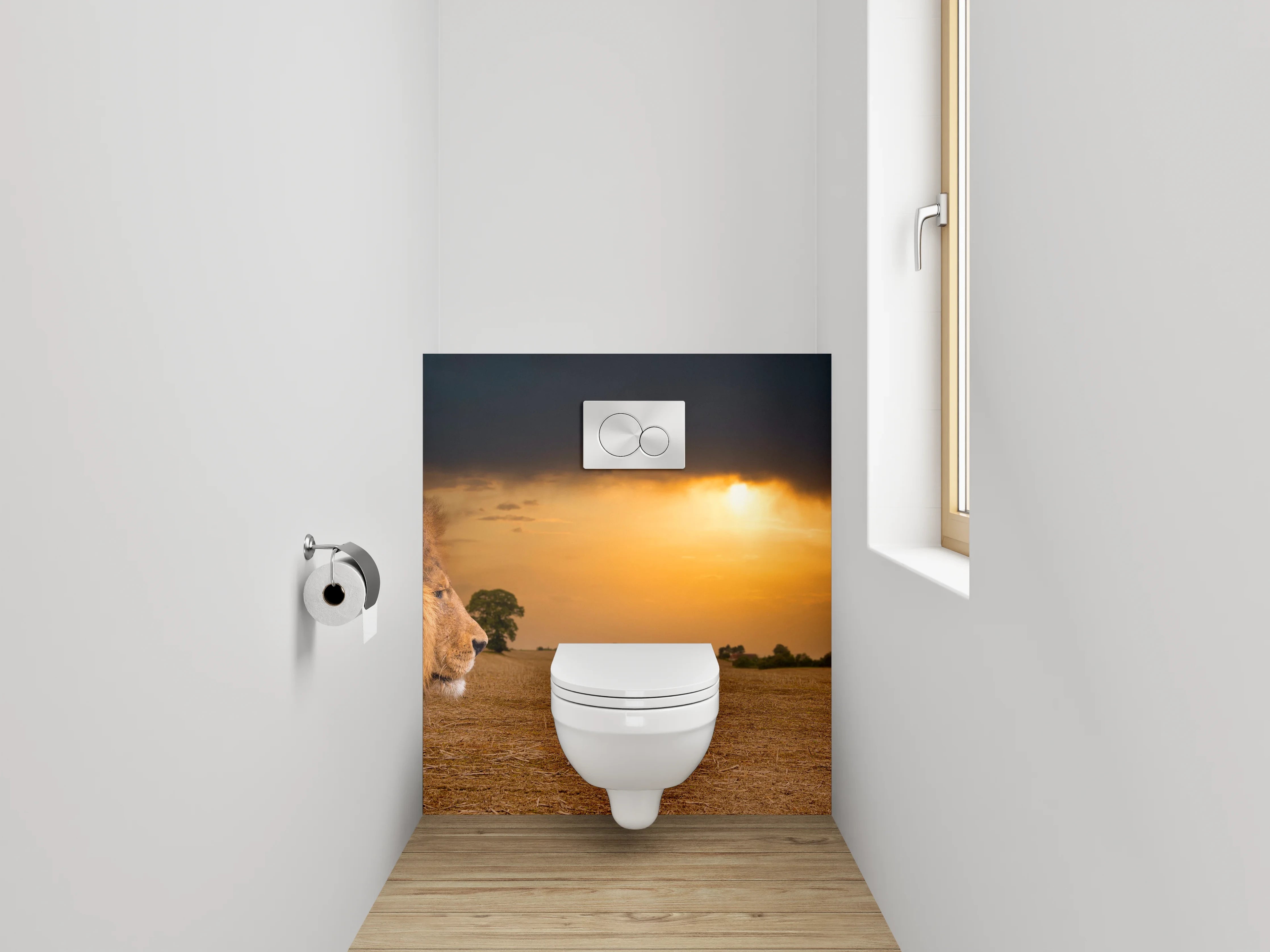 WC-Rückwand - Grauer Löwe im weißen Abendlicht
