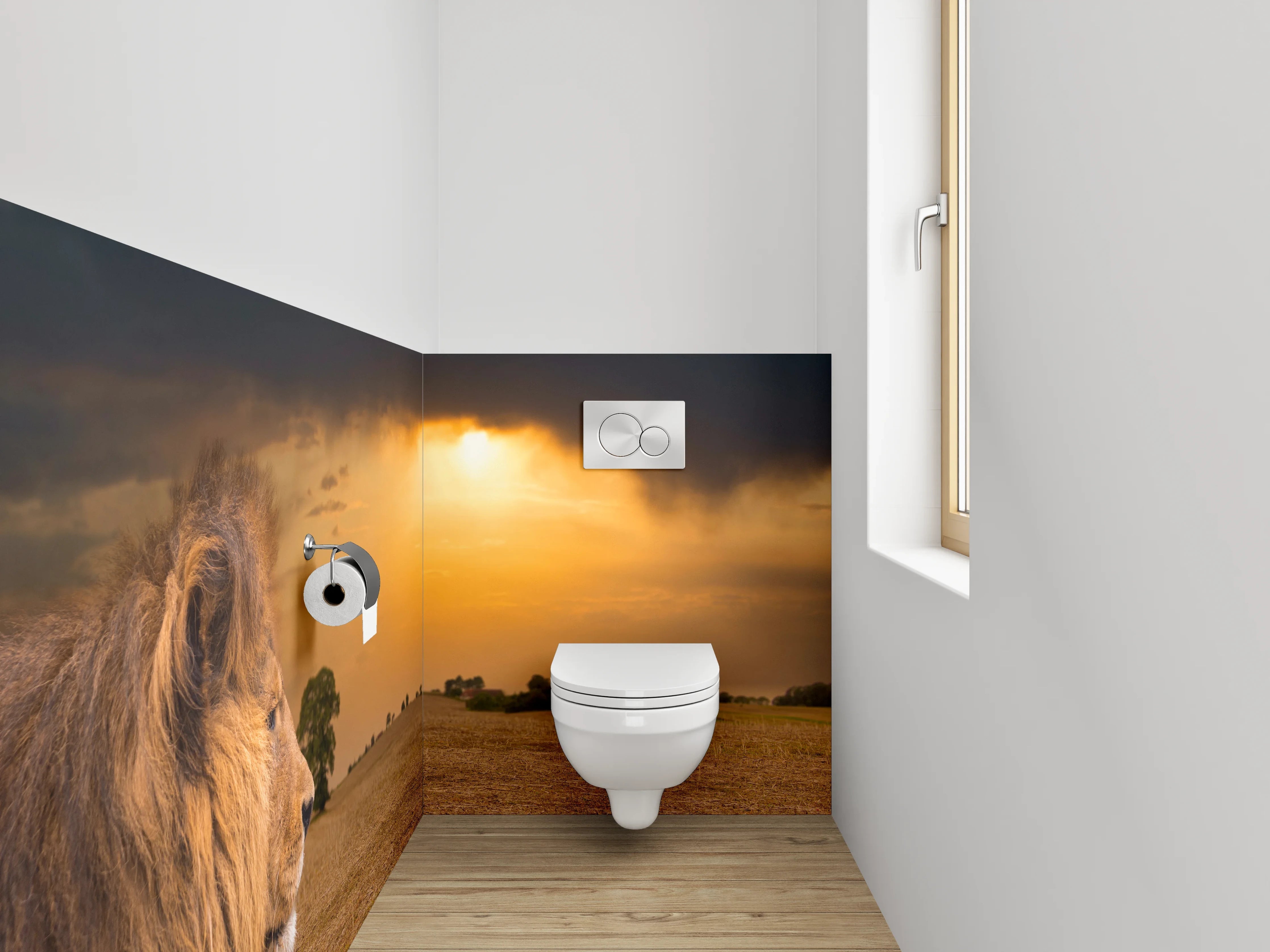 WC-Rückwand - Grauer Löwe im weißen Abendlicht