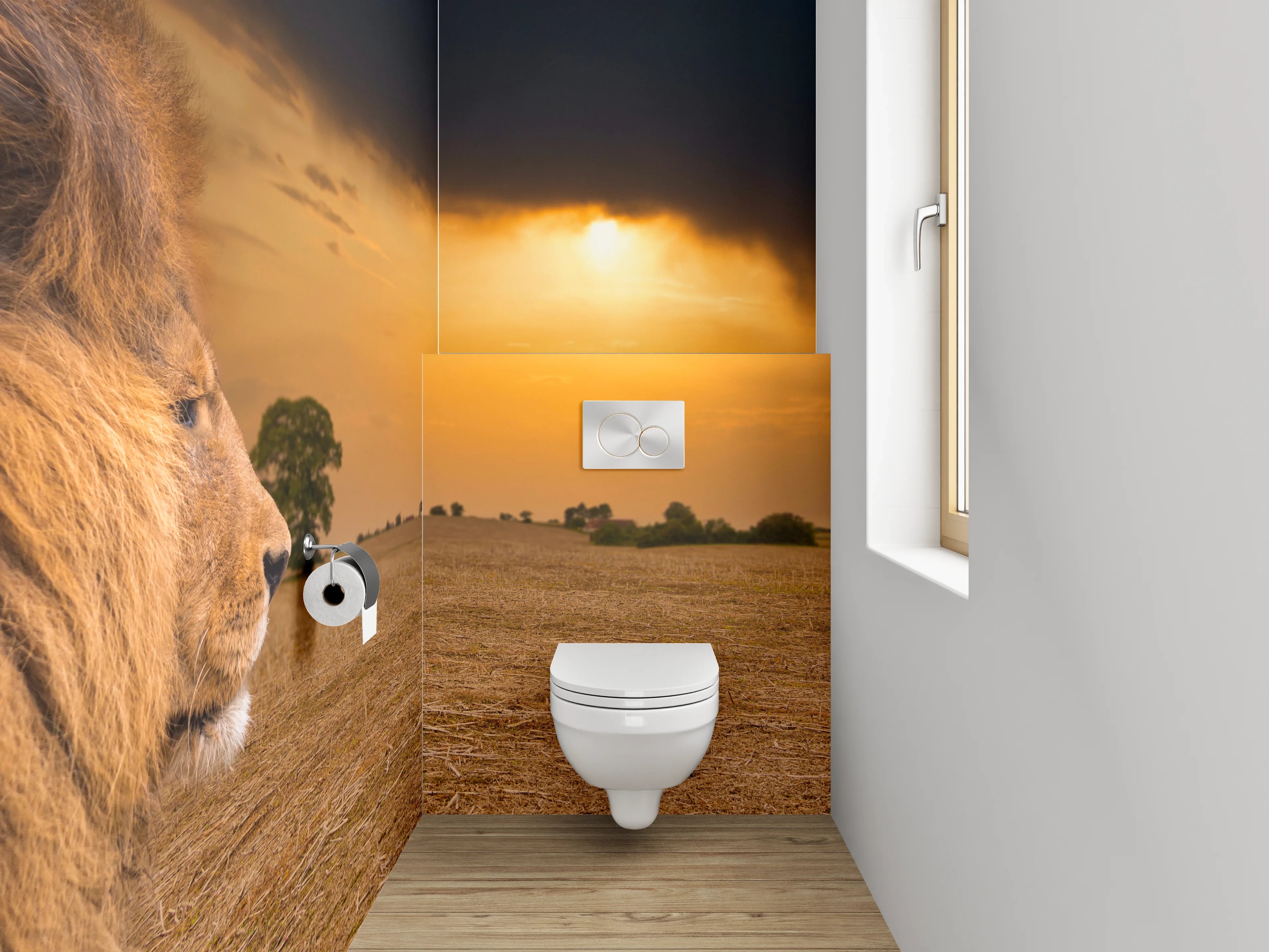 WC-Rückwand - Grauer Löwe im weißen Abendlicht
