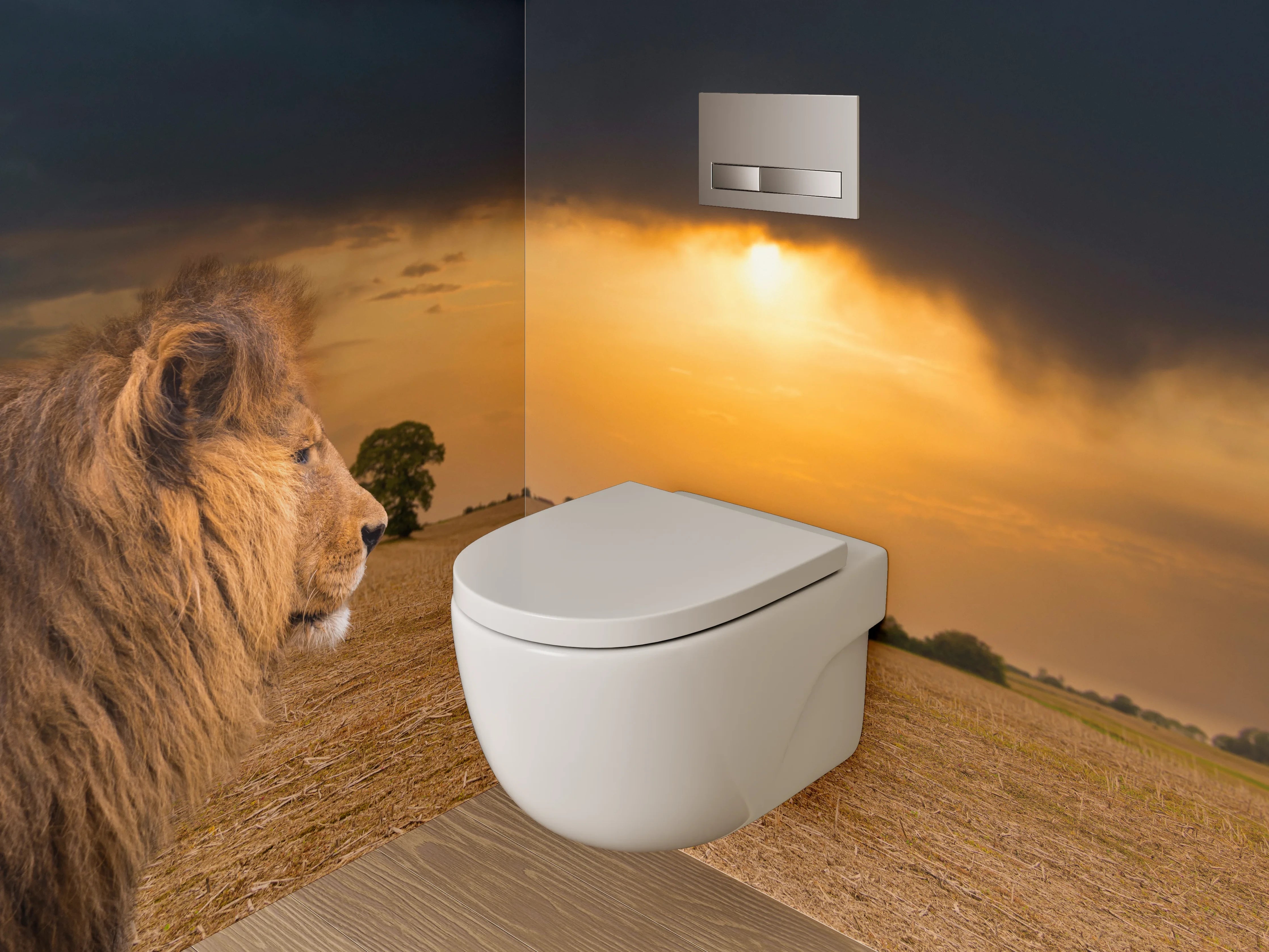 WC-Rückwand - Grauer Löwe im weißen Abendlicht