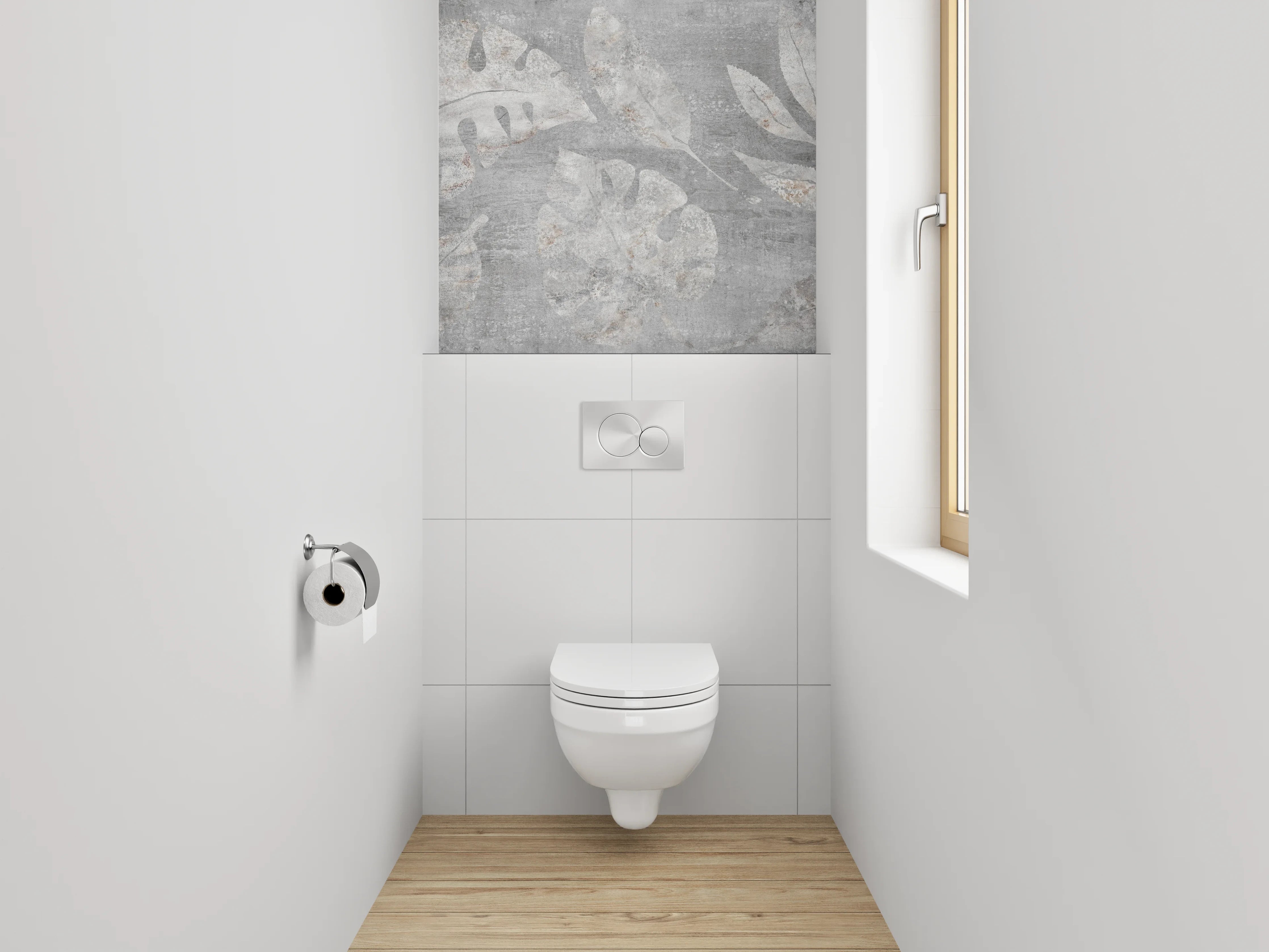 WC-Rückwand - Graues Blätter-Design auf Betonoptik