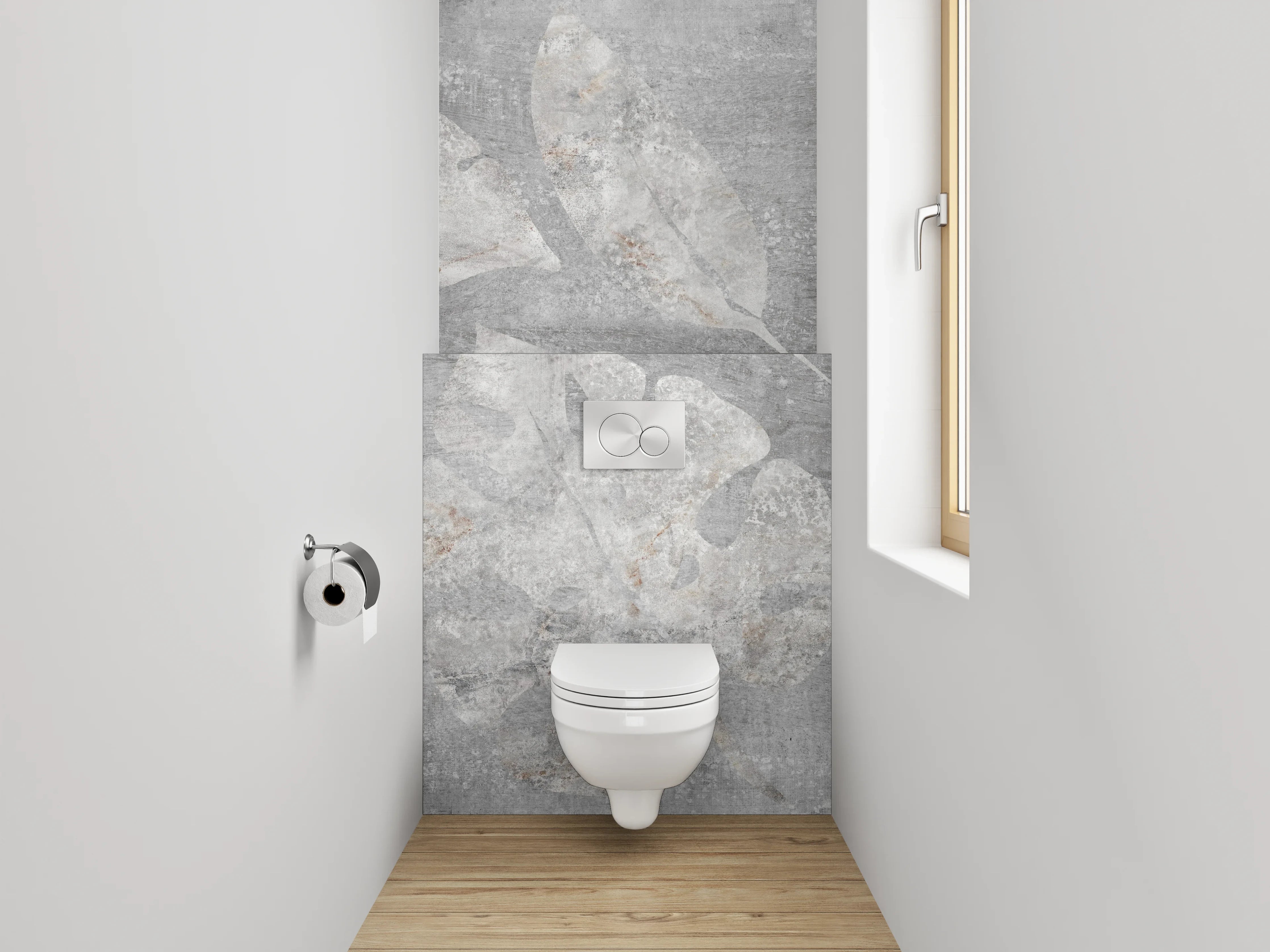 WC-Rückwand - Graues Blätter-Design auf Betonoptik