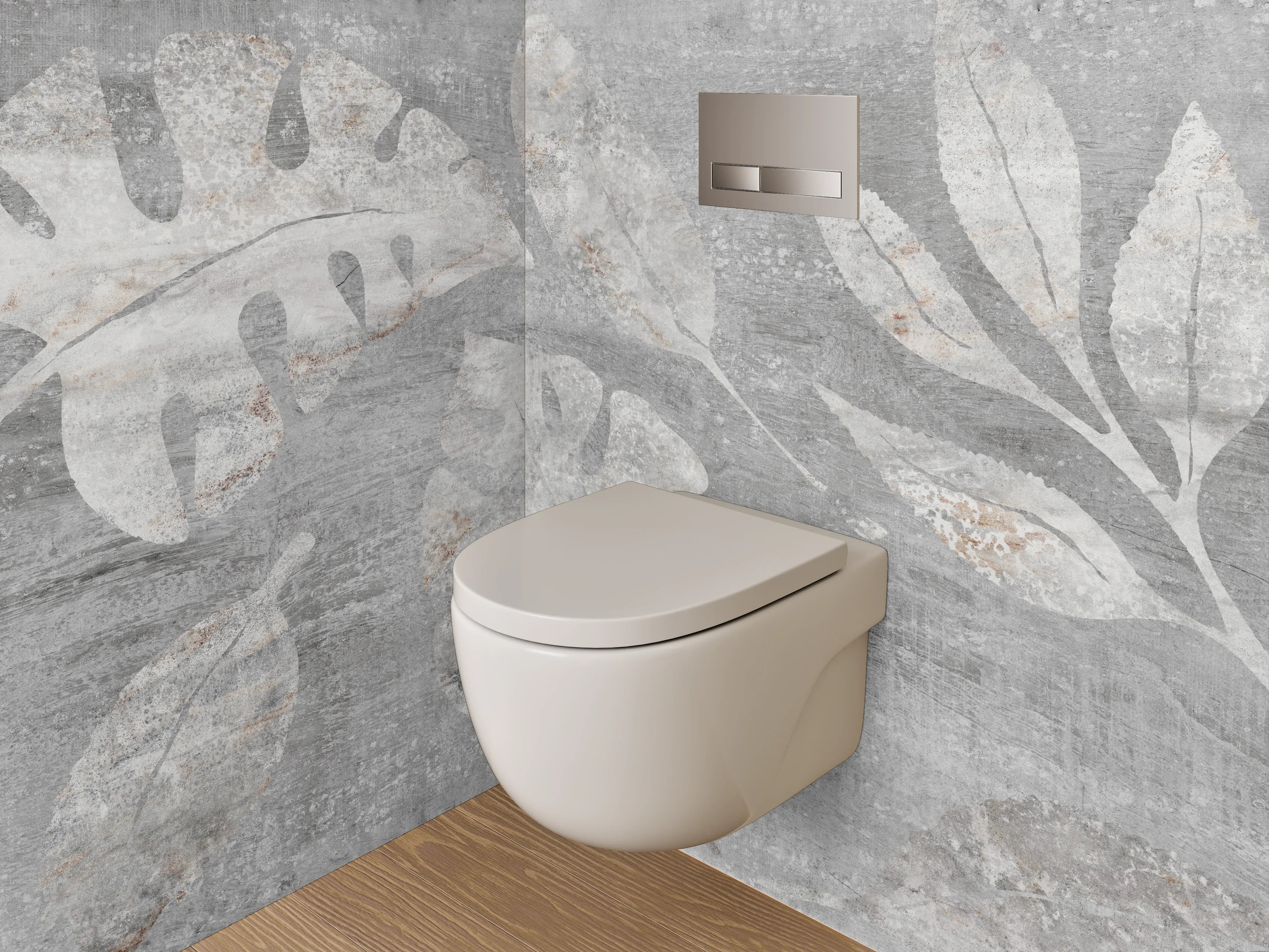 WC-Rückwand - Graues Blätter-Design auf Betonoptik