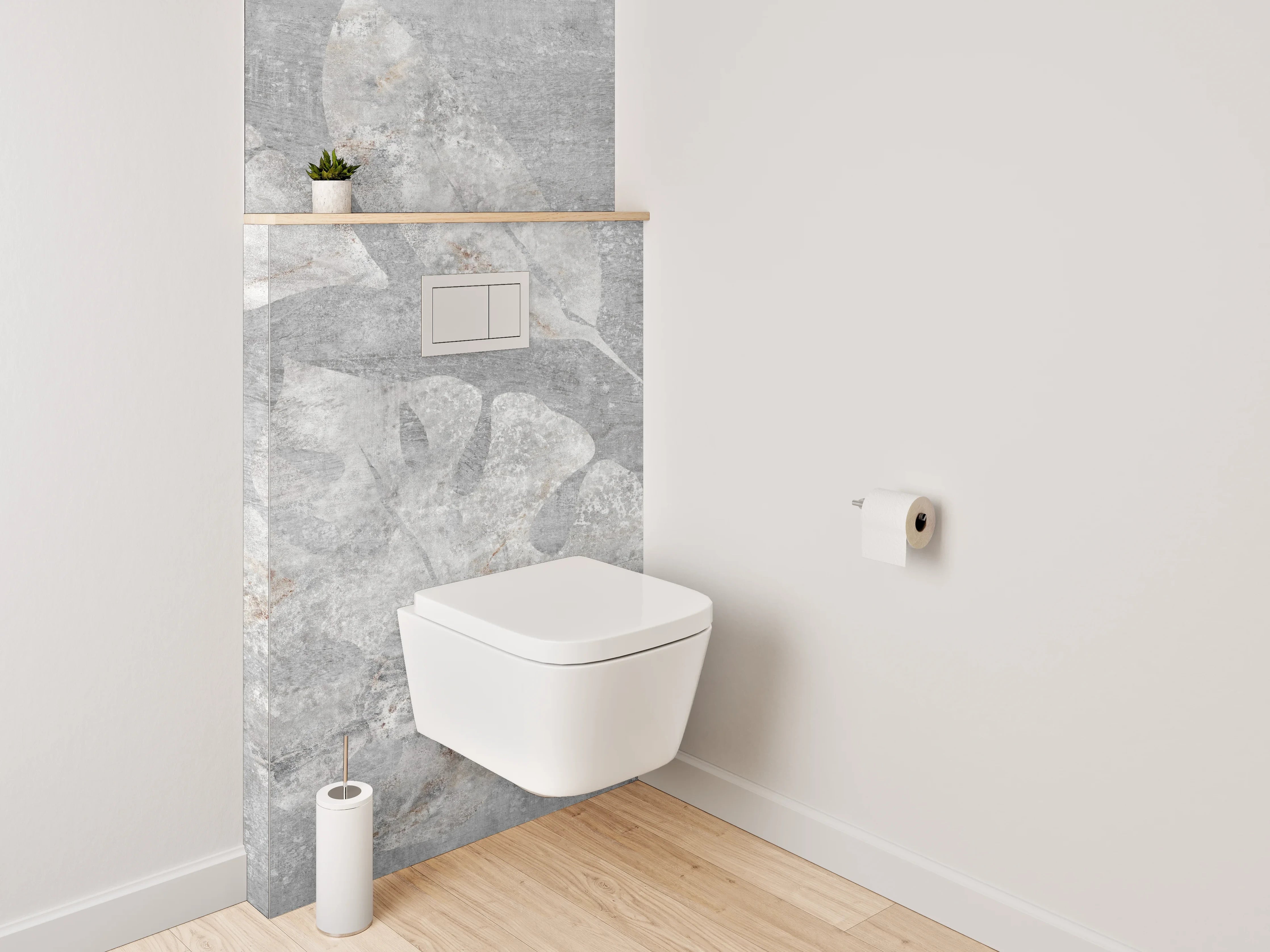 WC-Rückwand - Graues Blätter-Design auf Betonoptik