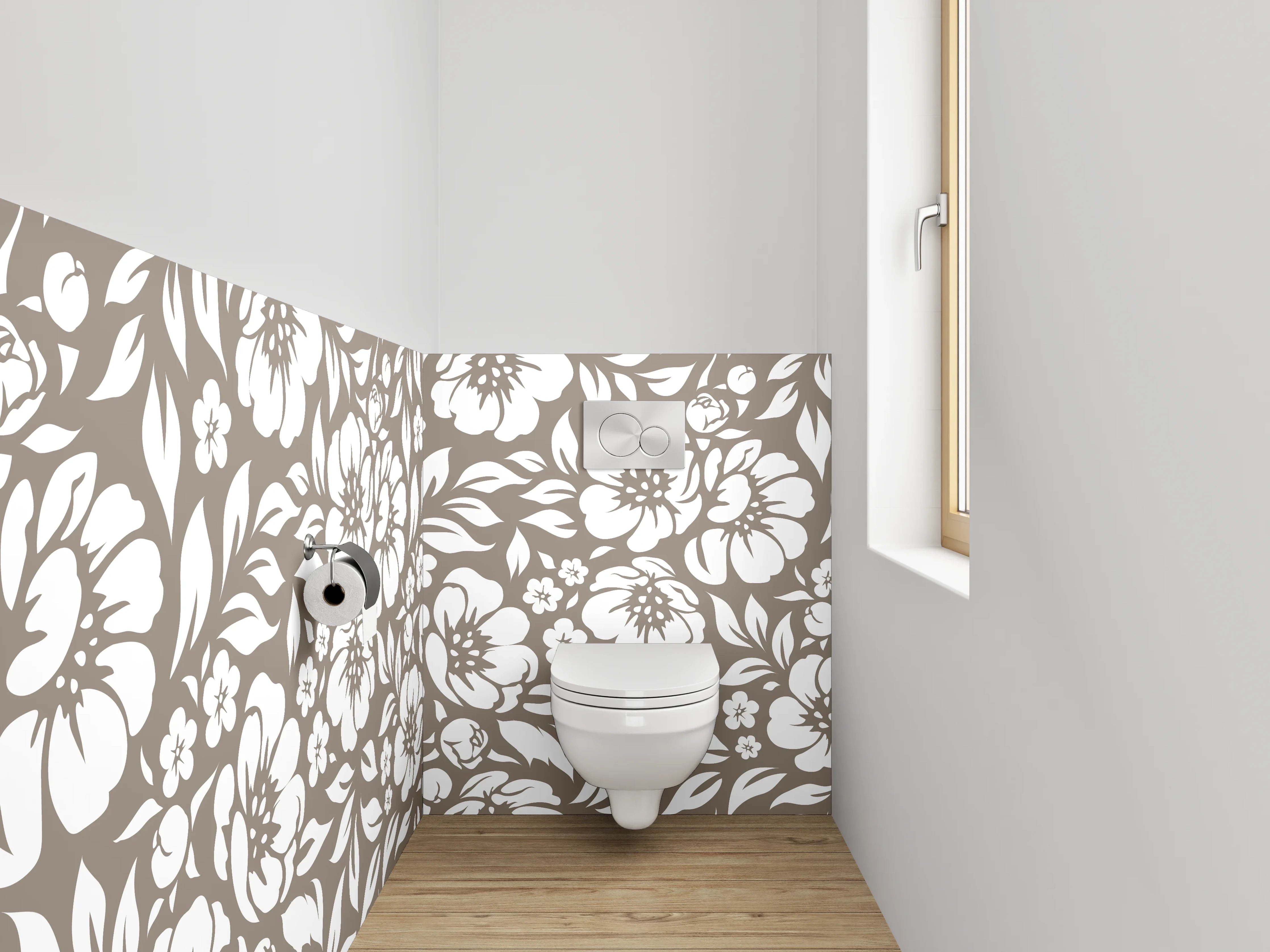 WC-Rückwand - Graues Blumenmuster in Braun und Weiß