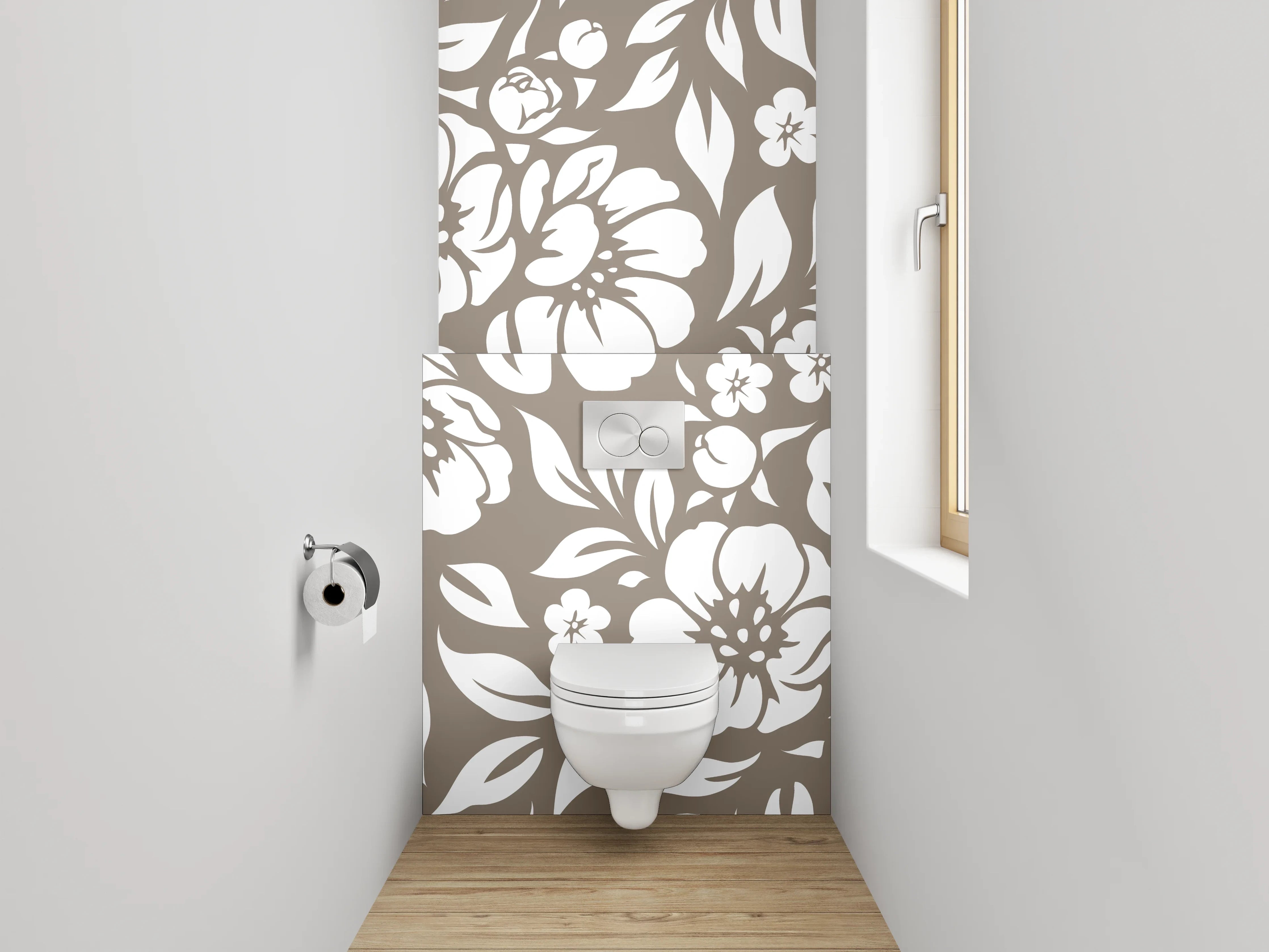 WC-Rückwand - Graues Blumenmuster in Braun und Weiß